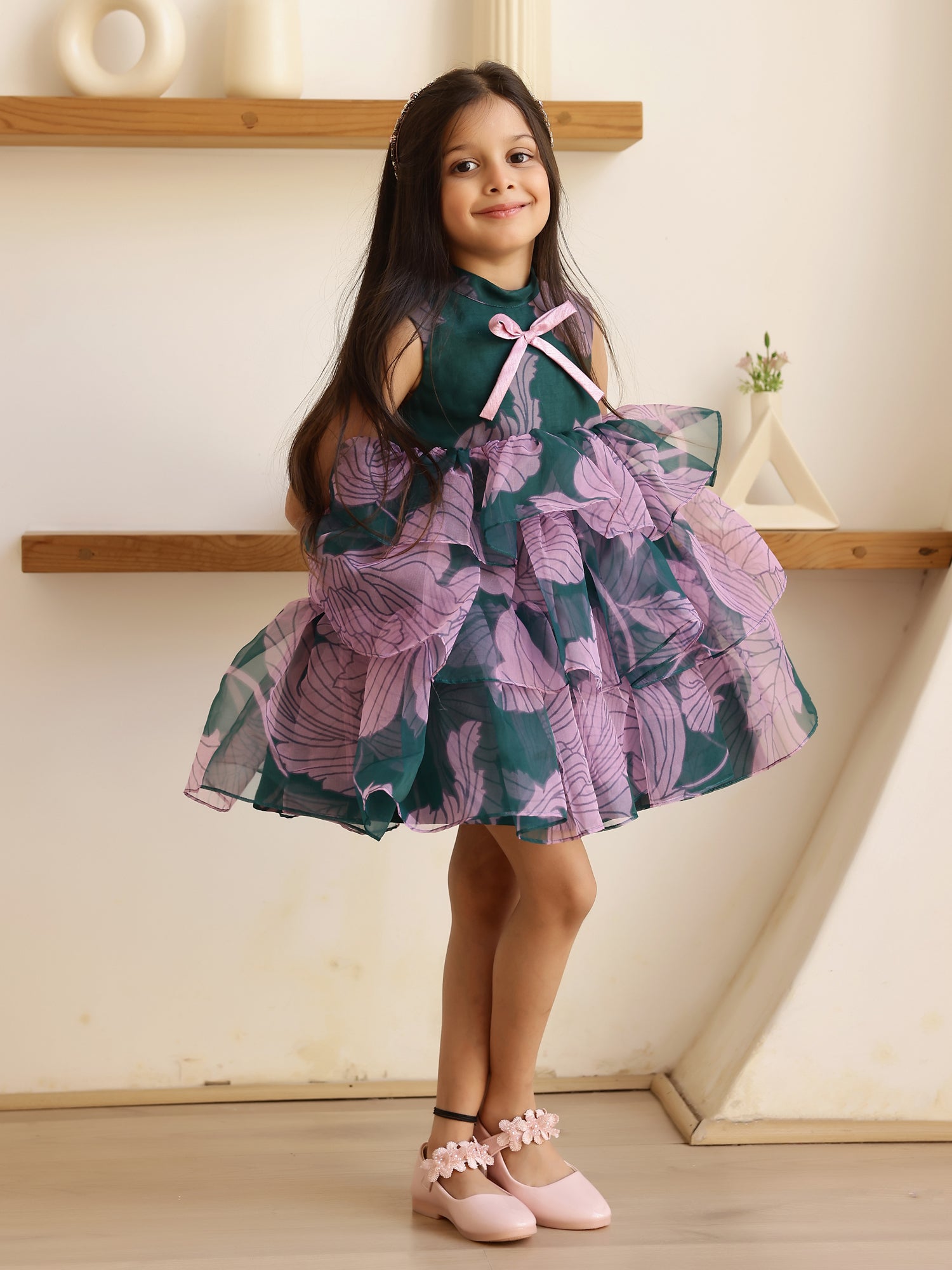JANYAS CLOSET Flora Green Tiered A-Line Dress