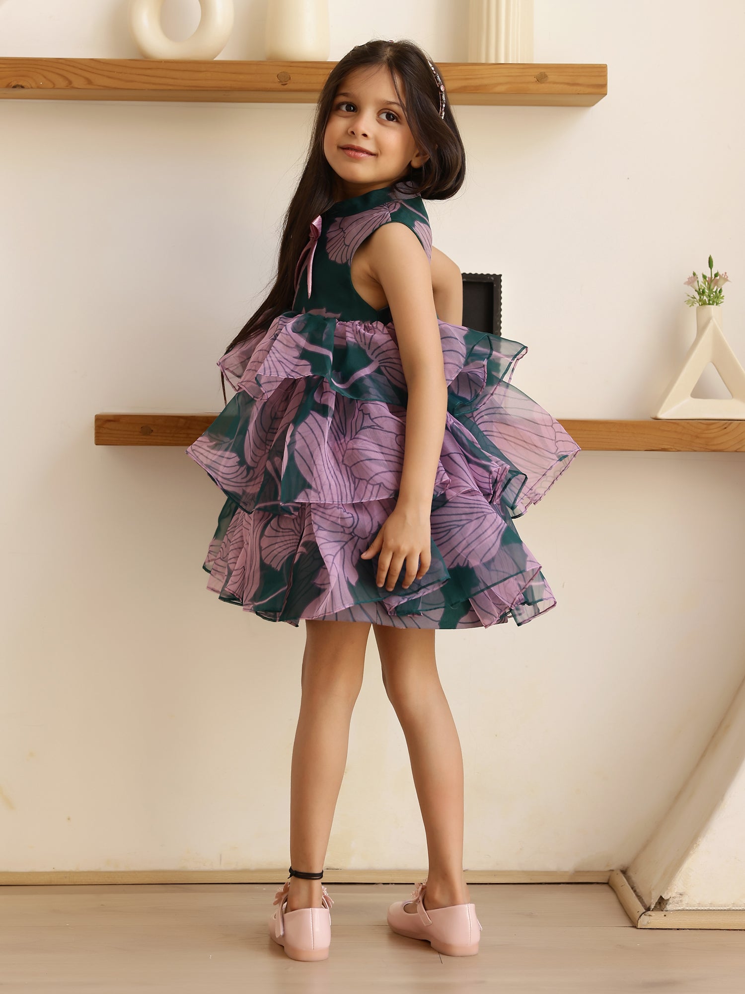JANYAS CLOSET Flora Green Tiered A-Line Dress