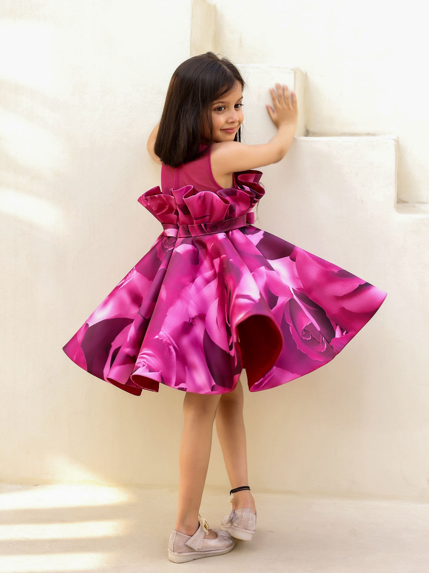JANYAS CLOSET Charming Wine Rose Print Dress for Girls