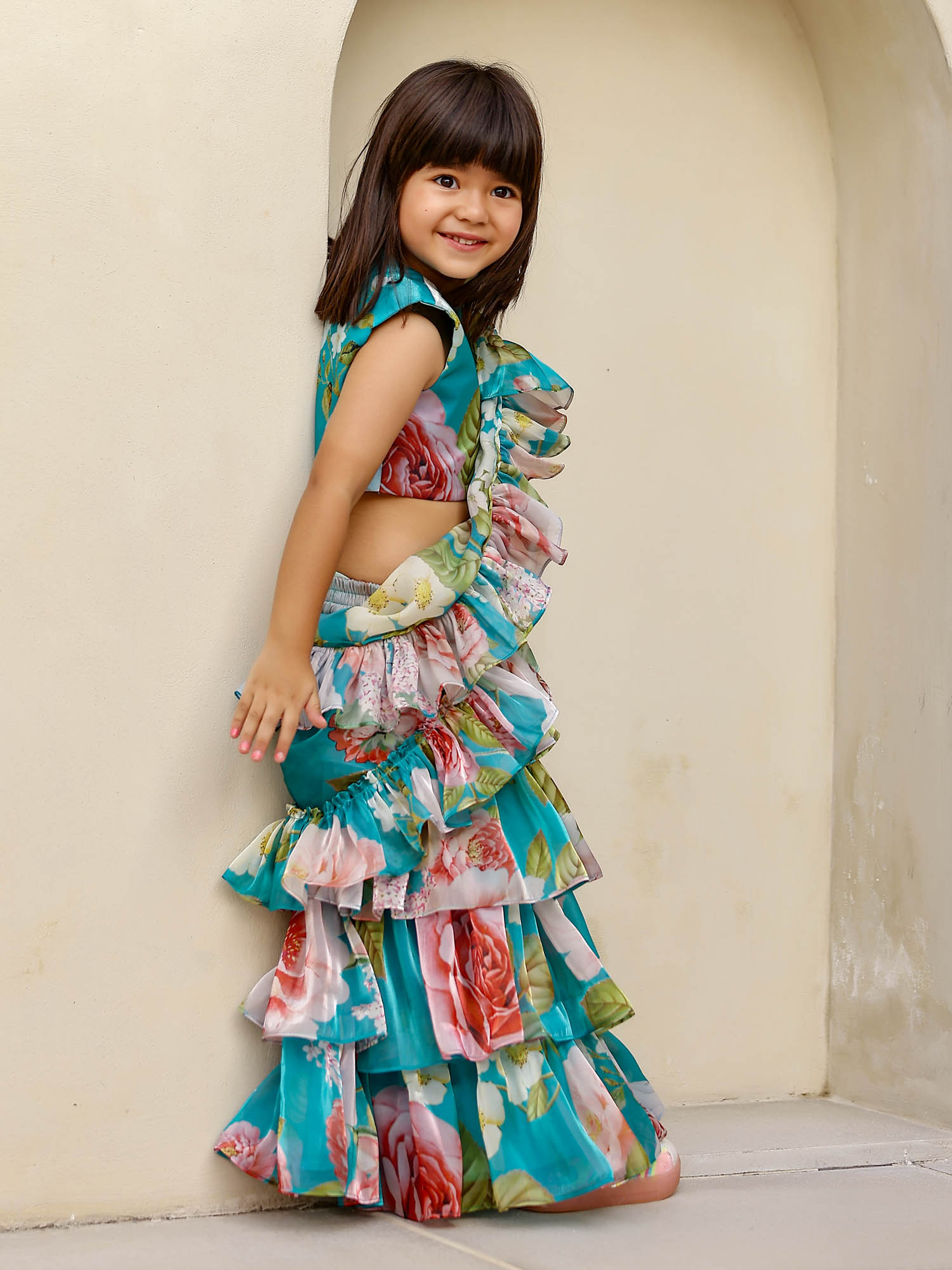 Sample JANYAS CLOSET Turquoise Blue Layered Floral Saree Set for Girls