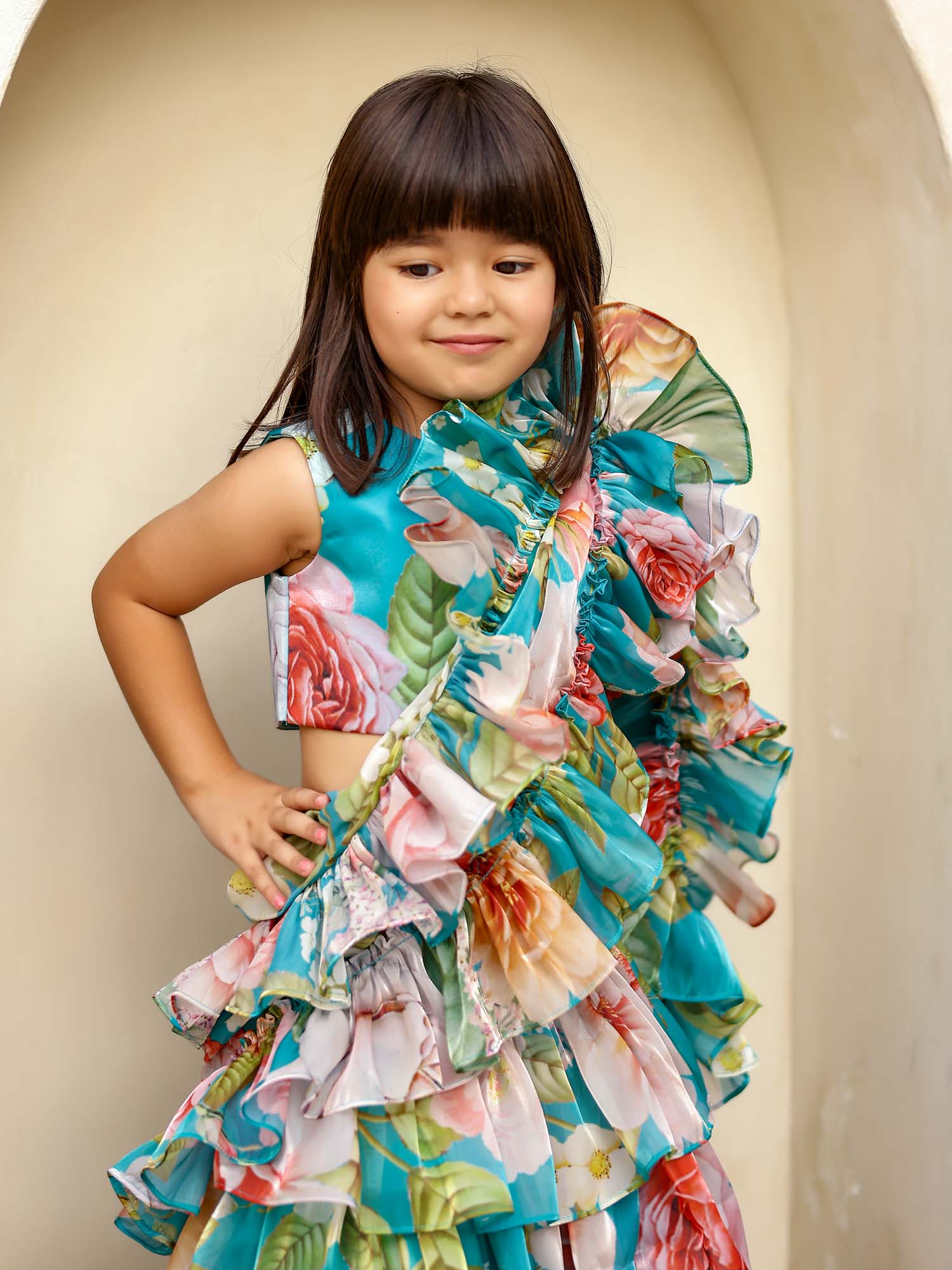 Sample JANYAS CLOSET Turquoise Blue Layered Floral Saree Set for Girls