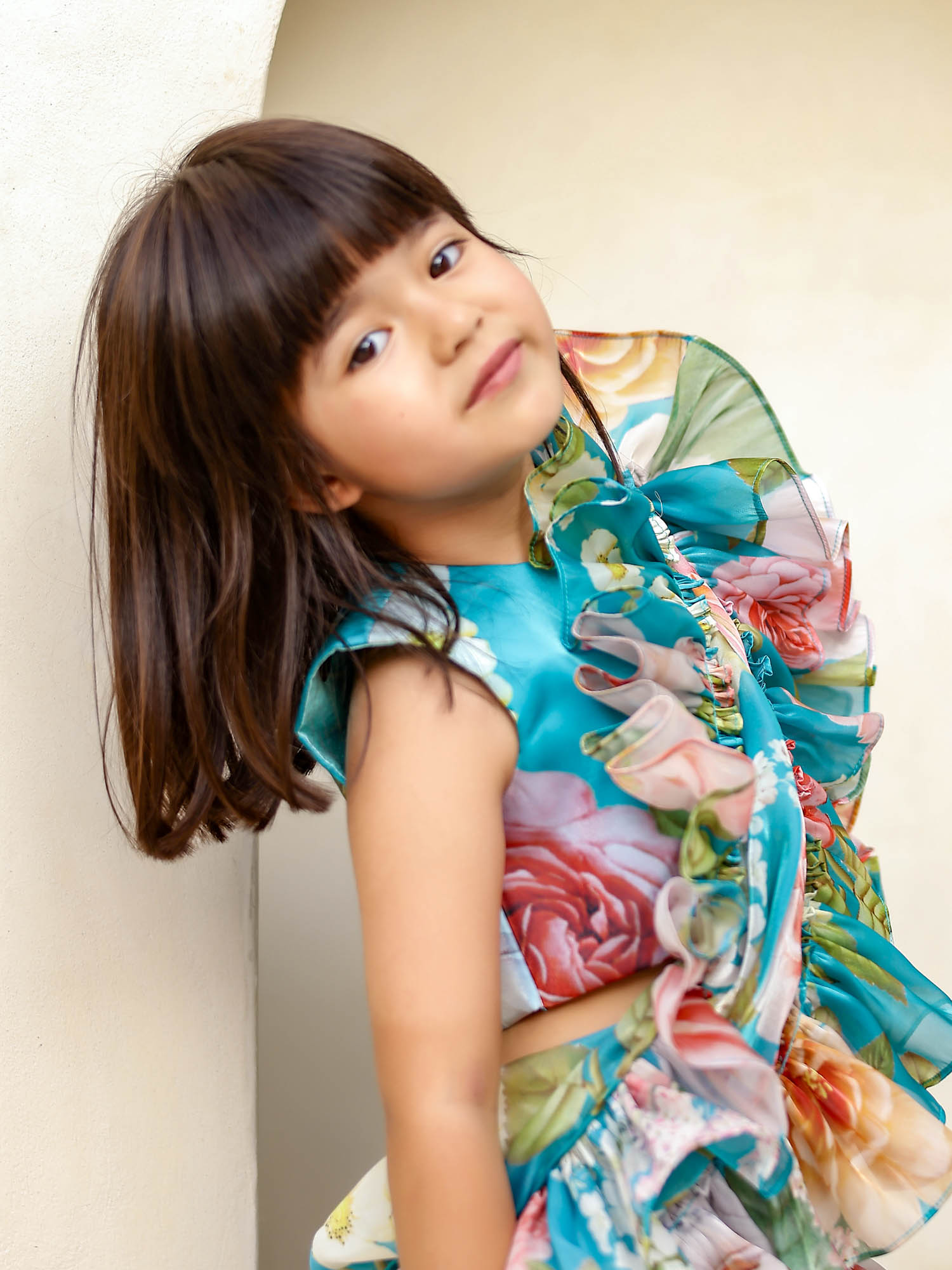 Sample JANYAS CLOSET Turquoise Blue Layered Floral Saree Set for Girls