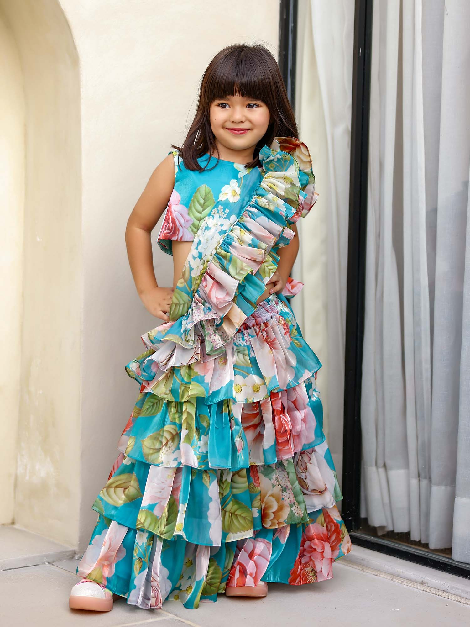 Sample JANYAS CLOSET Turquoise Blue Layered Floral Saree Set for Girls