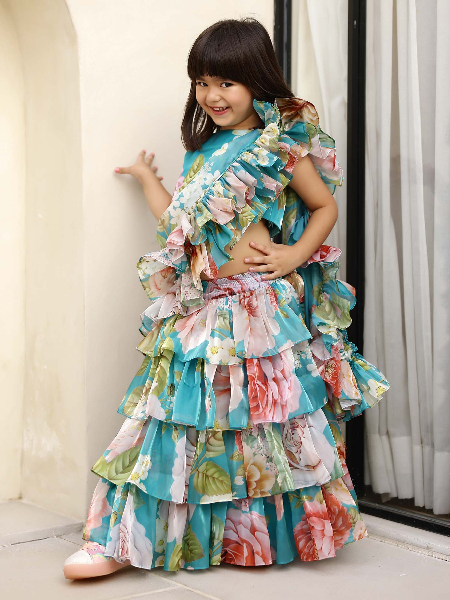 Sample JANYAS CLOSET Turquoise Blue Layered Floral Saree Set for Girls