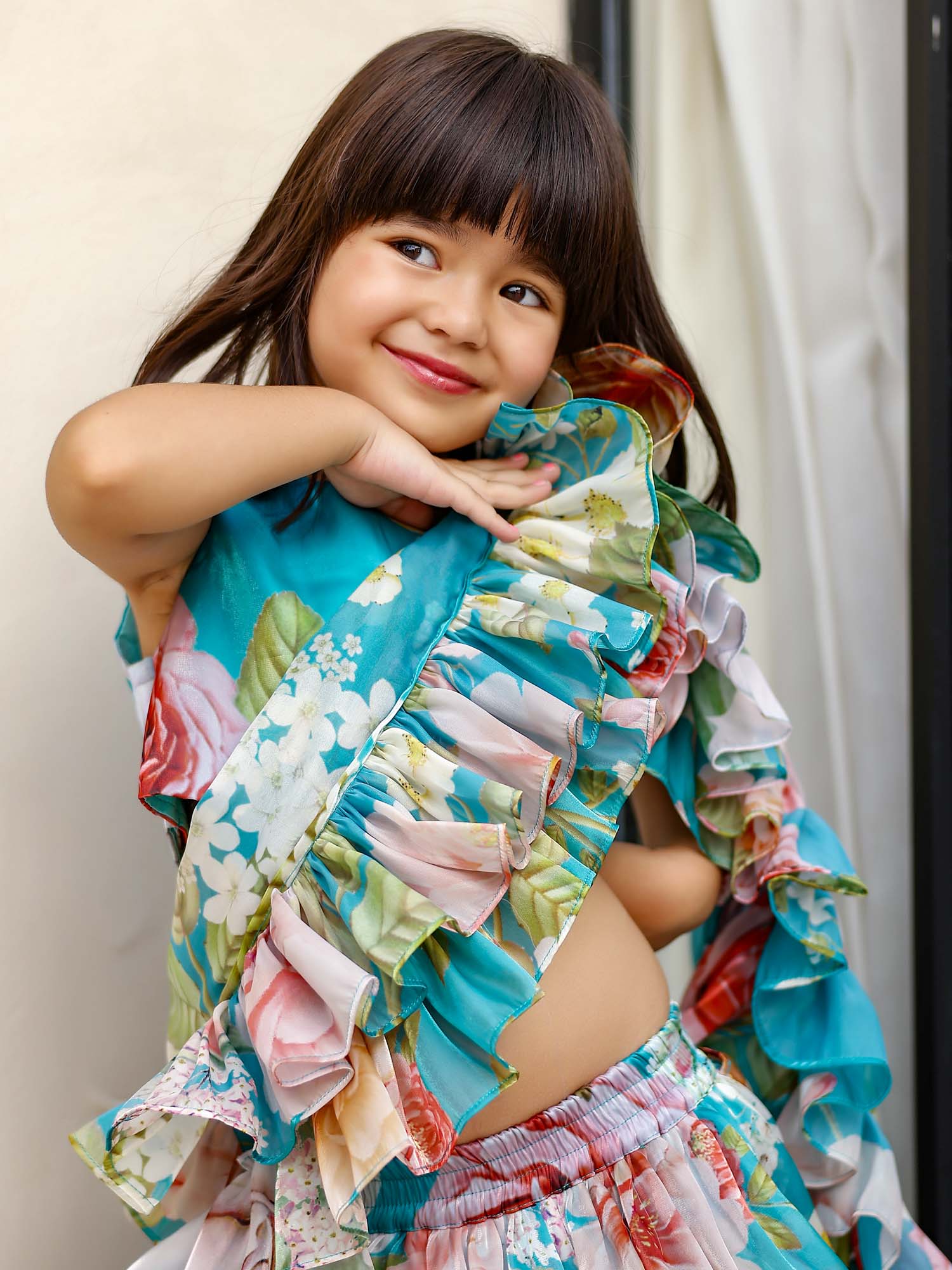 Sample JANYAS CLOSET Turquoise Blue Layered Floral Saree Set for Girls