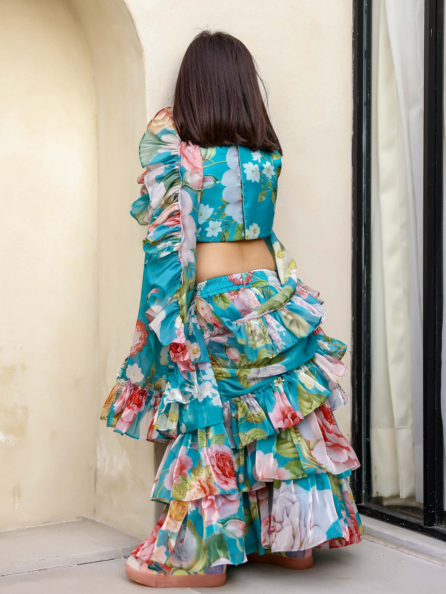 Sample JANYAS CLOSET Turquoise Blue Layered Floral Saree Set for Girls