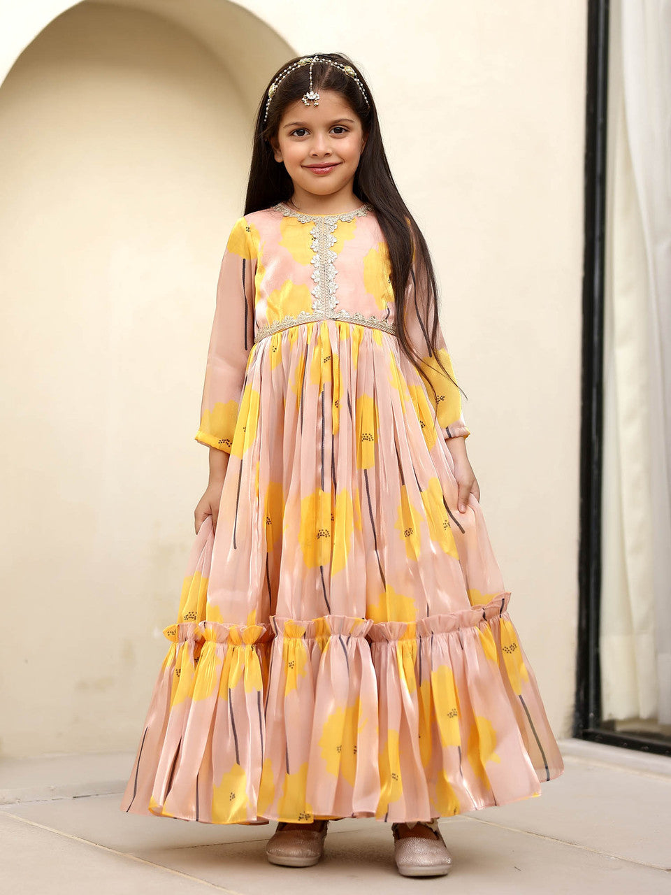 Sample JANYAS CLOSET Sandy Beige Front Open Anarkali with Printed Pants for Girls