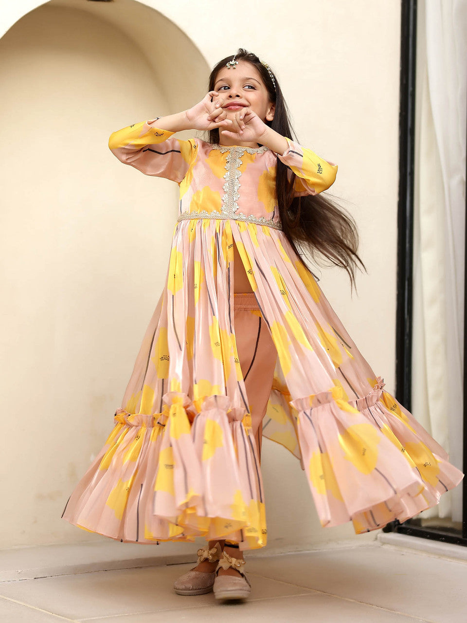 Sample JANYAS CLOSET Sandy Beige Front Open Anarkali with Printed Pants for Girls