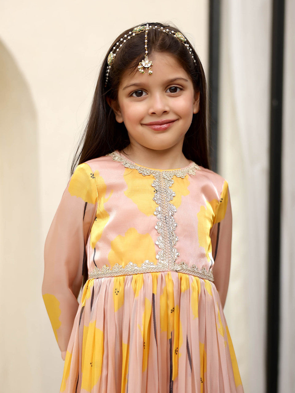Sample JANYAS CLOSET Sandy Beige Front Open Anarkali with Printed Pants for Girls