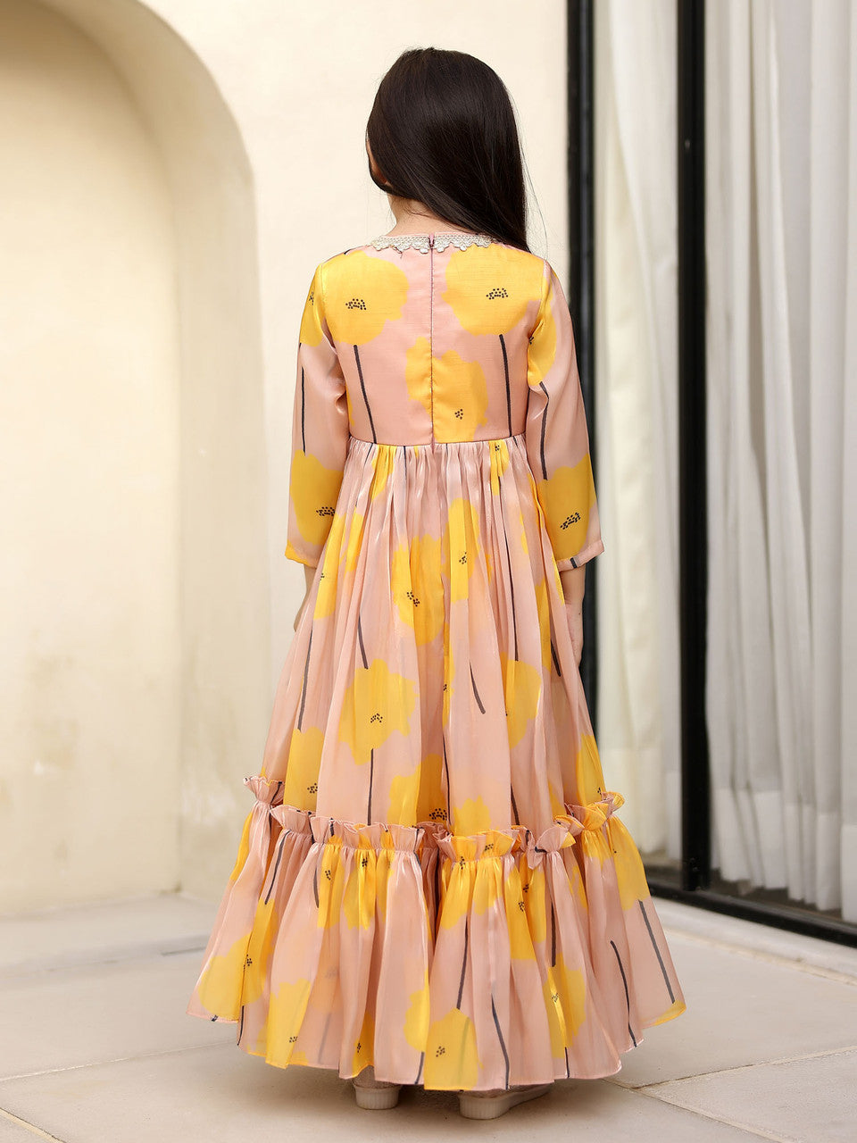 Sample JANYAS CLOSET Sandy Beige Front Open Anarkali with Printed Pants for Girls