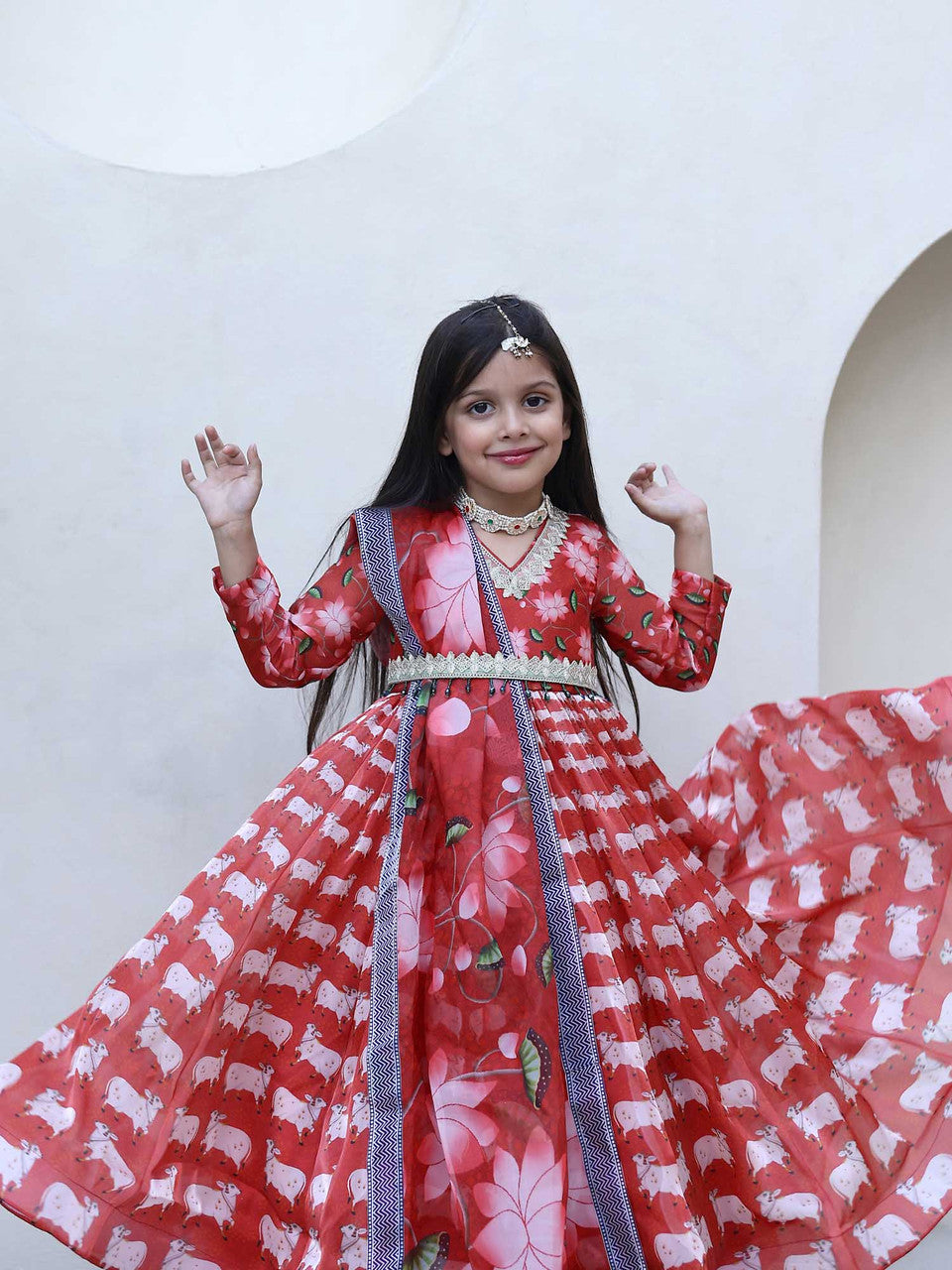 Sample JANYAS CLOSET Red Printed Anarkali Gown with Dupatta for Girls