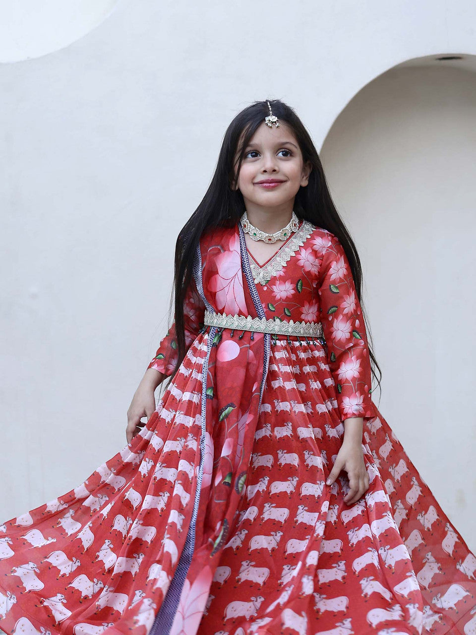 Sample JANYAS CLOSET Red Printed Anarkali Gown with Dupatta for Girls