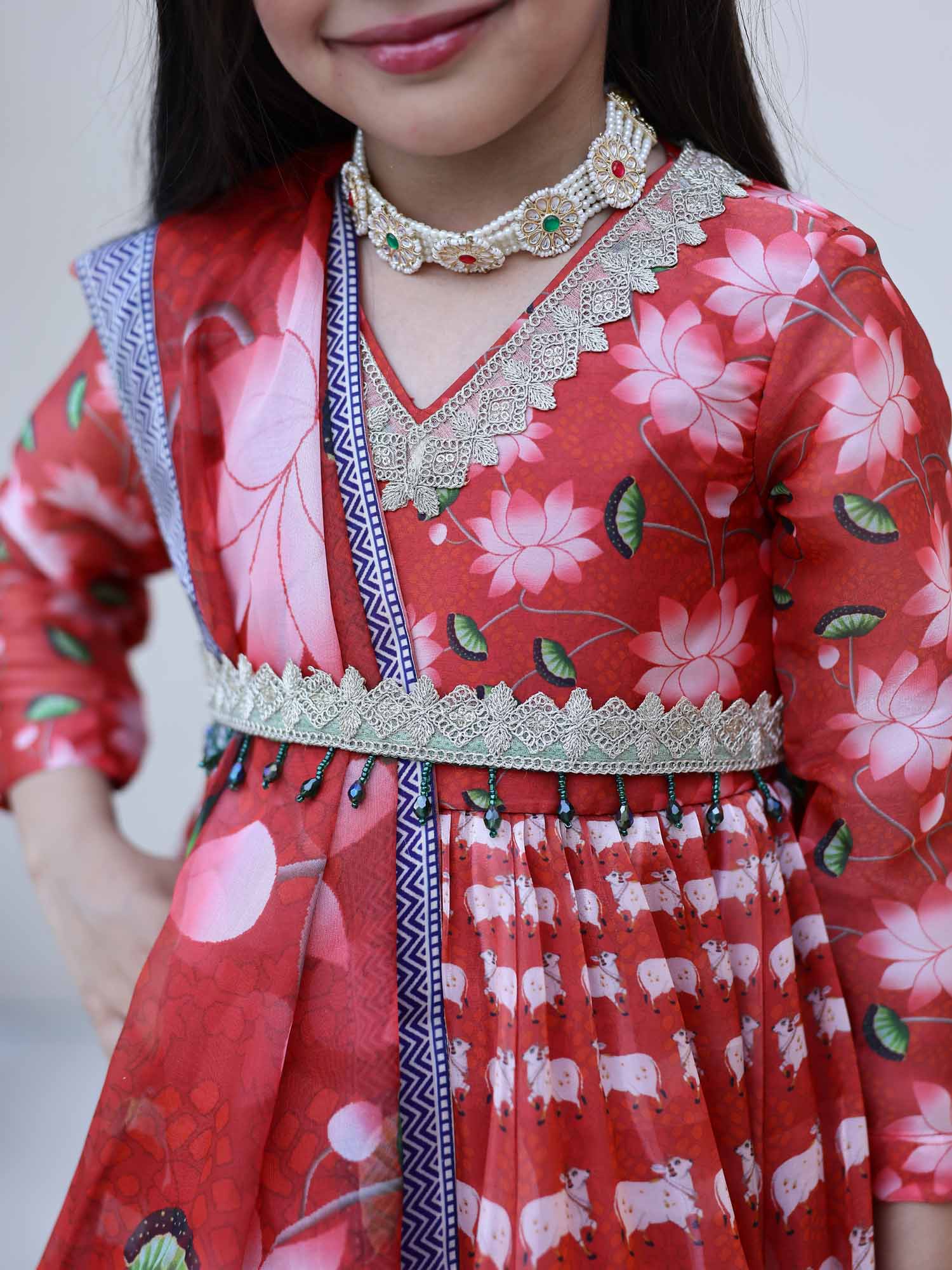 JANYAS CLOSET Red Printed Anarkali Gown with Dupatta for Girls