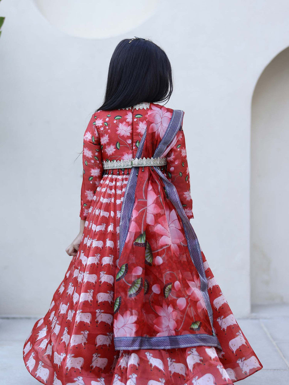 Sample JANYAS CLOSET Red Printed Anarkali Gown with Dupatta for Girls