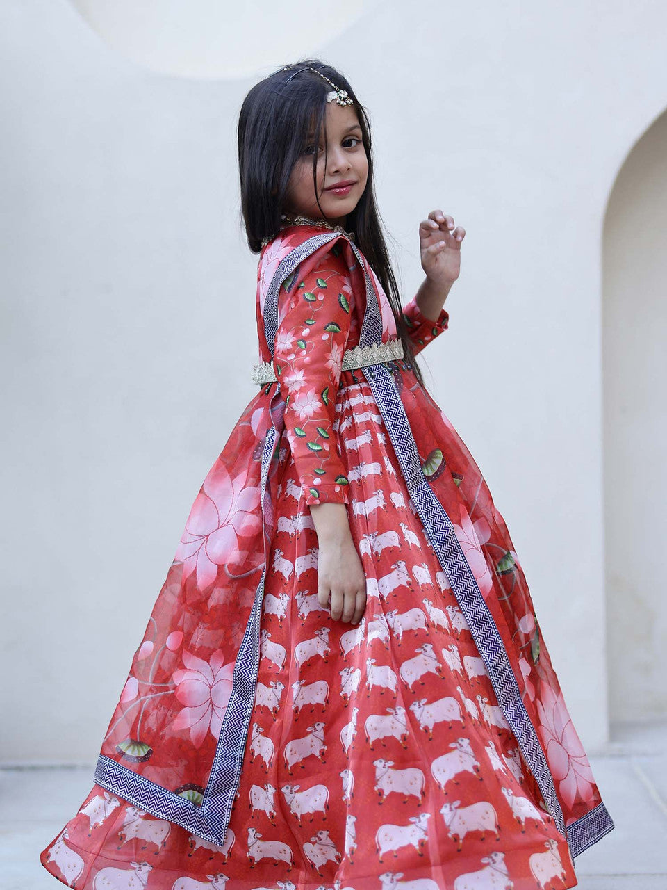 Sample JANYAS CLOSET Red Printed Anarkali Gown with Dupatta for Girls