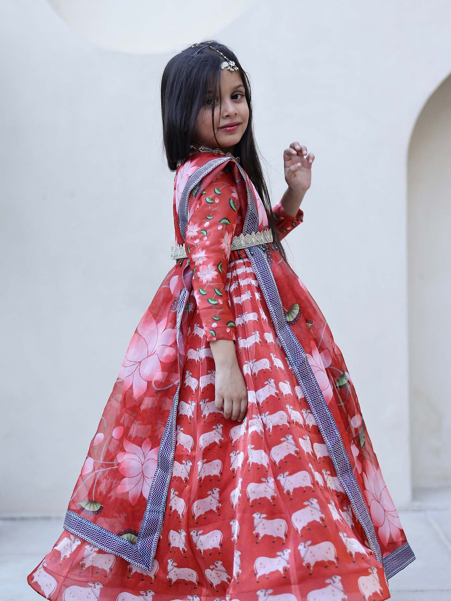 JANYAS CLOSET Red Printed Anarkali Gown with Dupatta for Girls