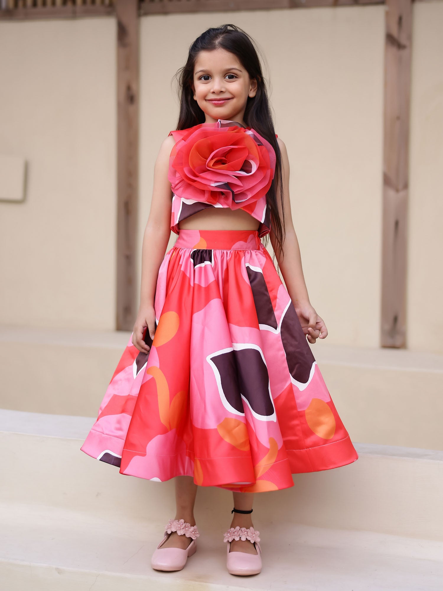 JANYAS CLOSET Red Abstract Satin Skirt Top Set