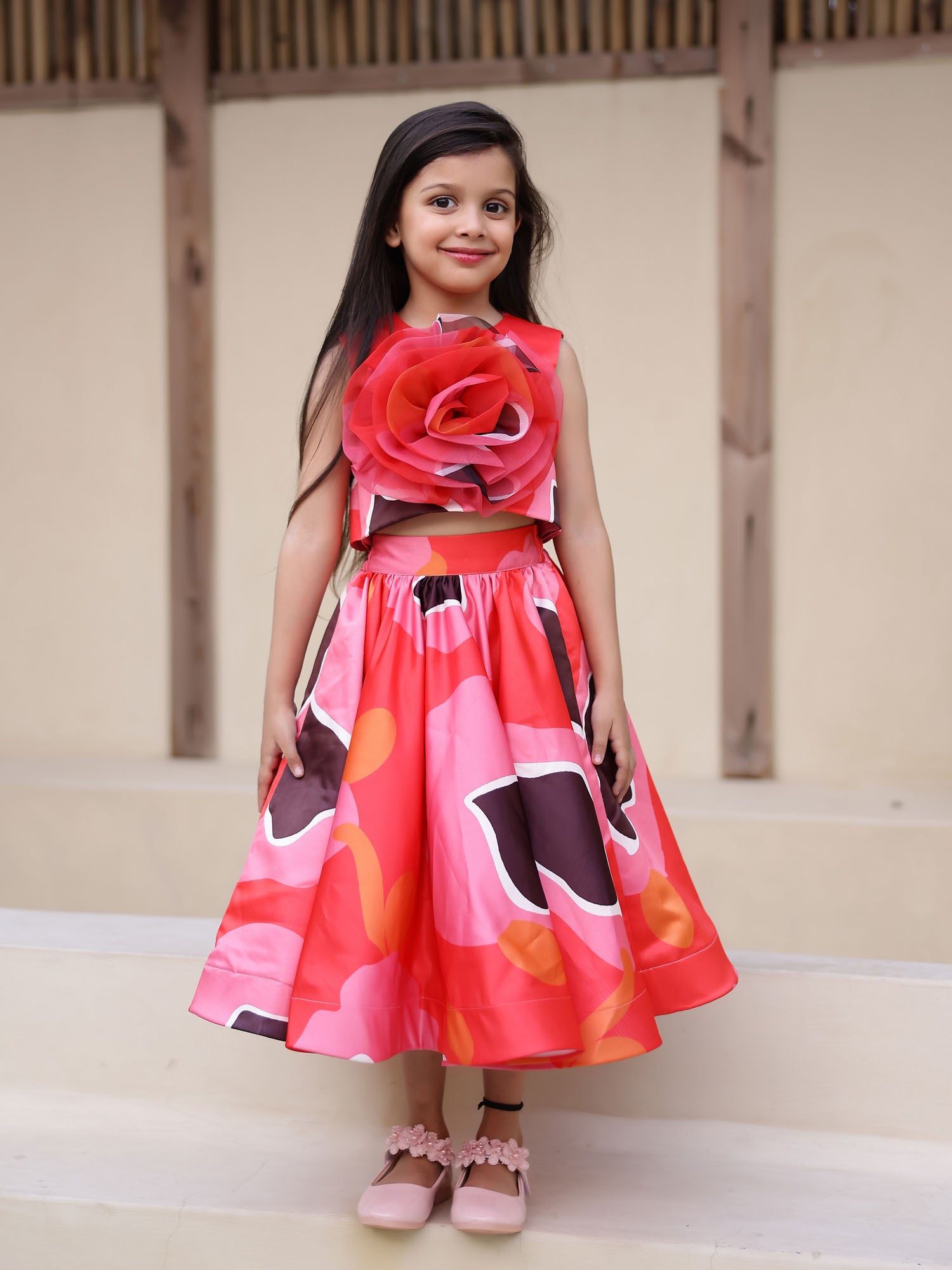 Sale JANYAS CLOSET Red Abstract Satin Skirt Top Set