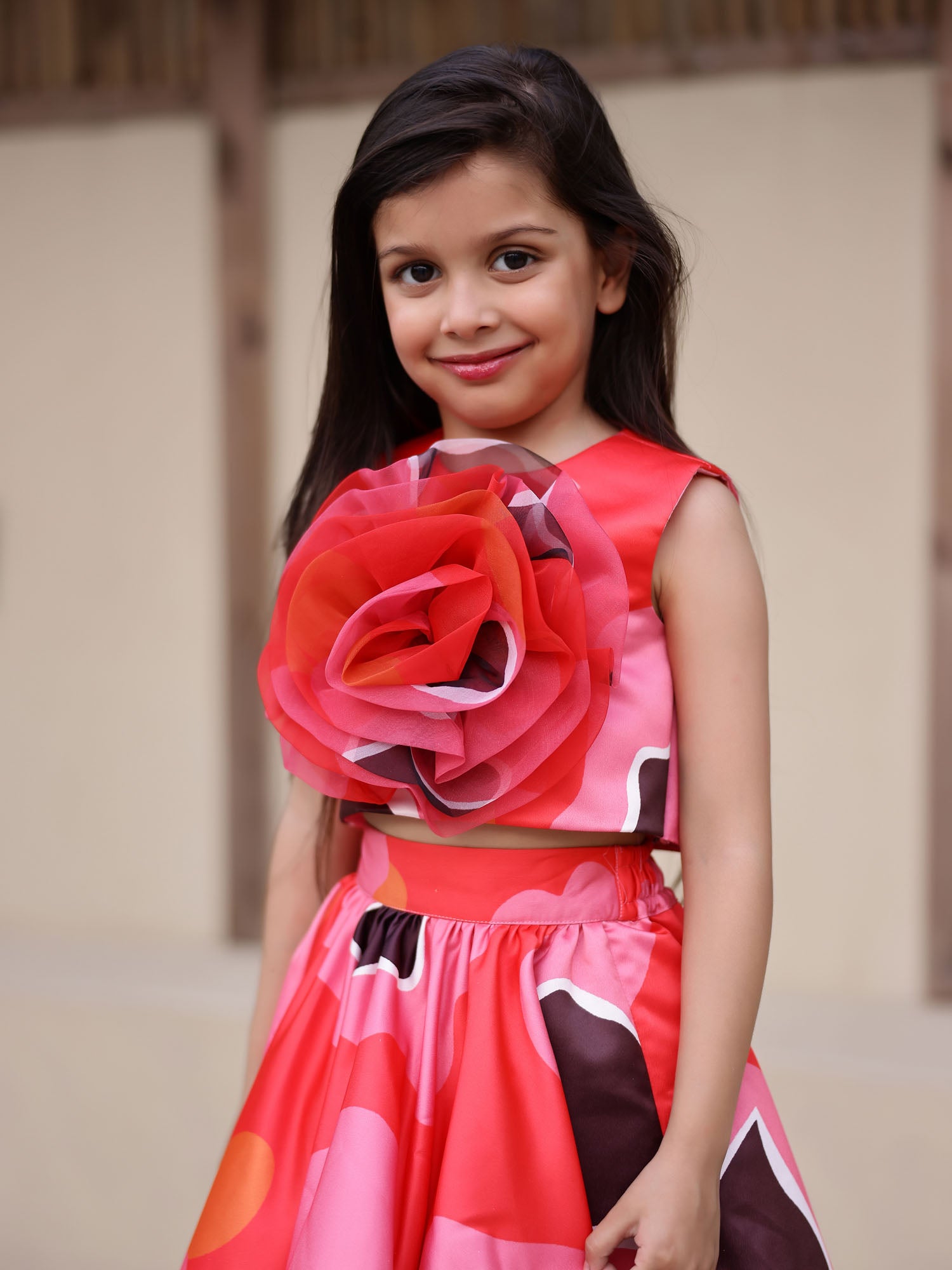 JANYAS CLOSET Red Abstract Satin Skirt Top Set