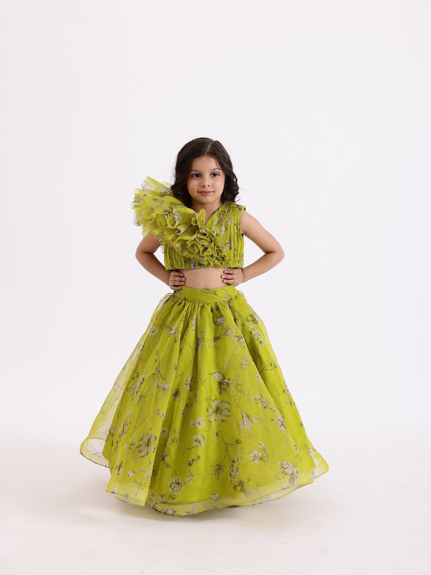 SAMPLE JANYAS CLOSET Green Printed Drape Blouse Top With Lehenga Skirt