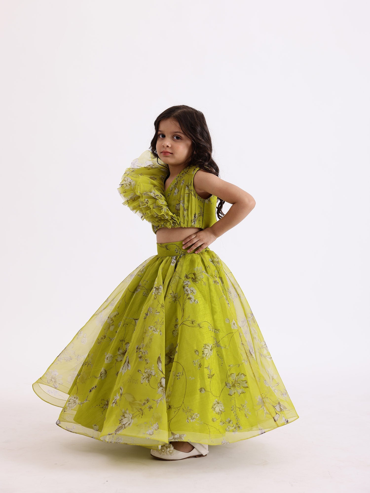 SAMPLE JANYAS CLOSET Green Printed Drape Blouse Top With Lehenga Skirt