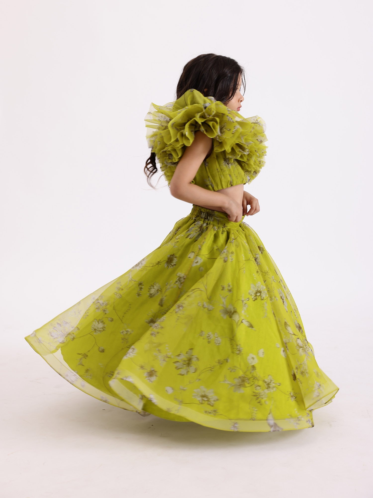 SAMPLE JANYAS CLOSET Green Printed Drape Blouse Top With Lehenga Skirt
