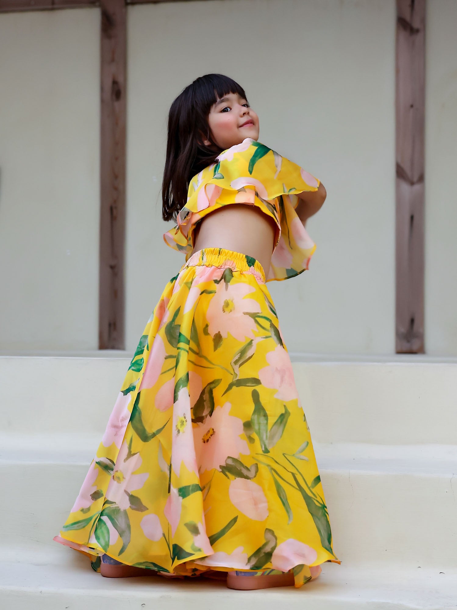 JANYAS CLOSET Yellow Floral Print Palazzo Set for Girls