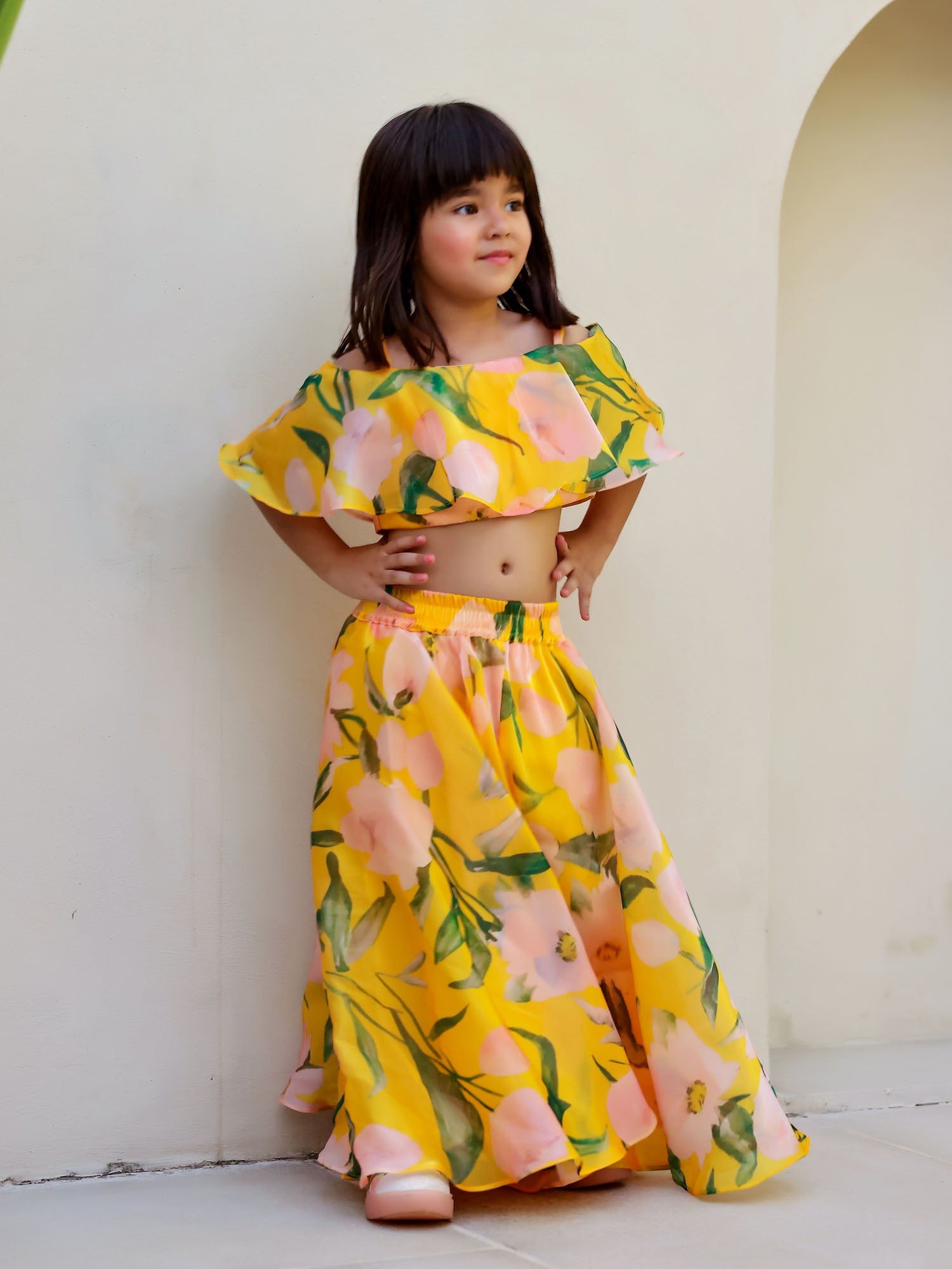 JANYAS CLOSET Yellow Floral Print Palazzo Set for Girls