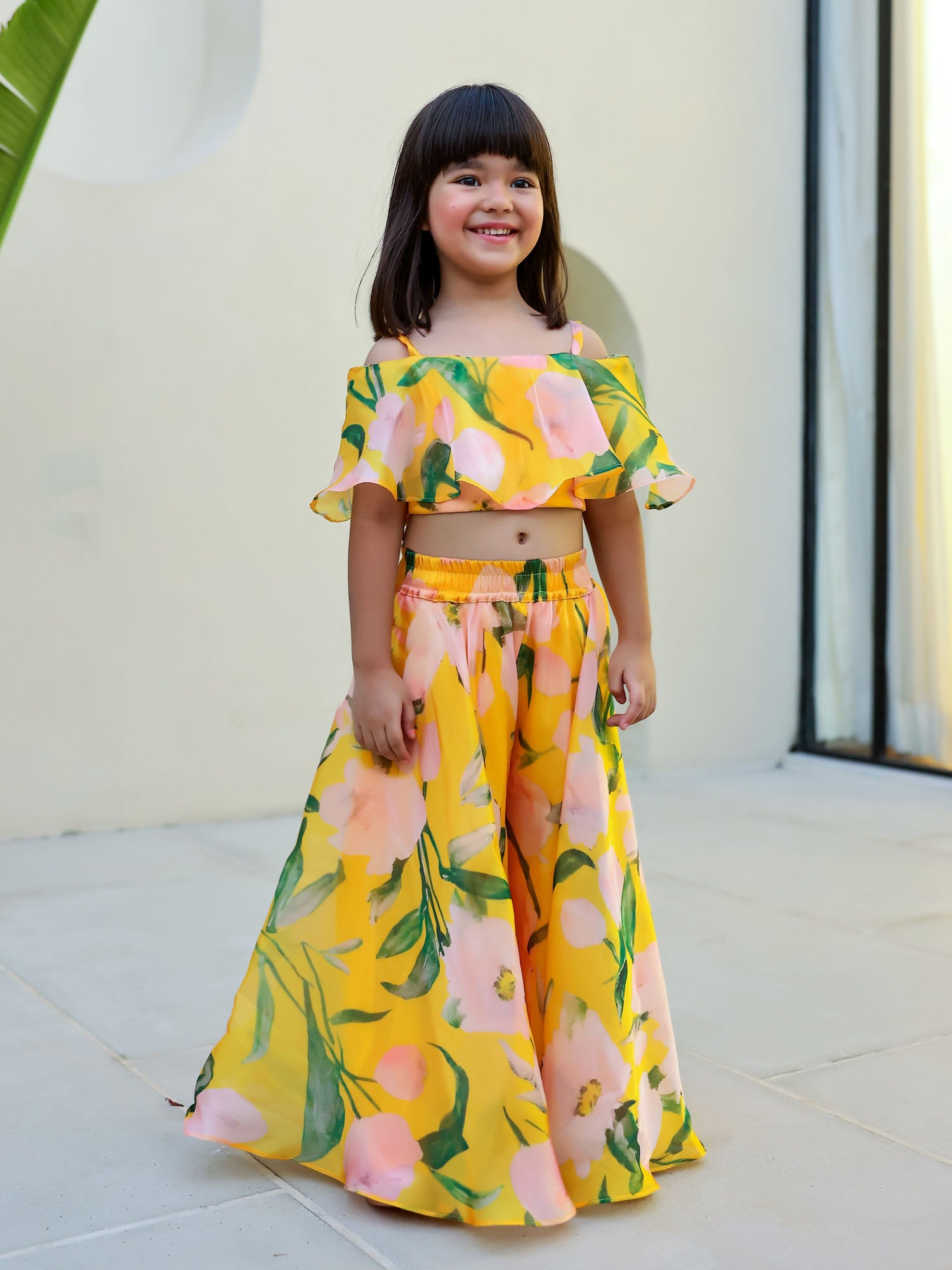 JANYAS CLOSET Yellow Floral Print Palazzo Set for Girls