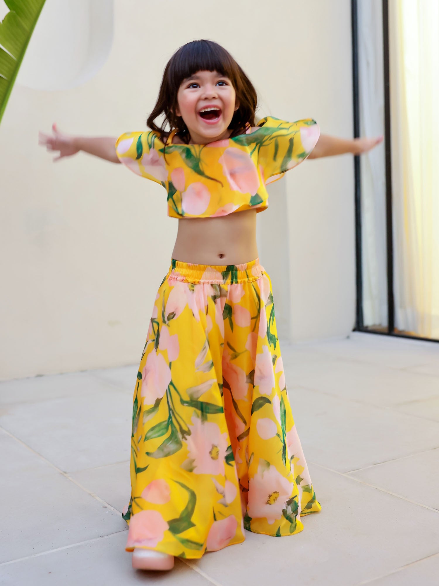 JANYAS CLOSET Yellow Floral Print Palazzo Set for Girls