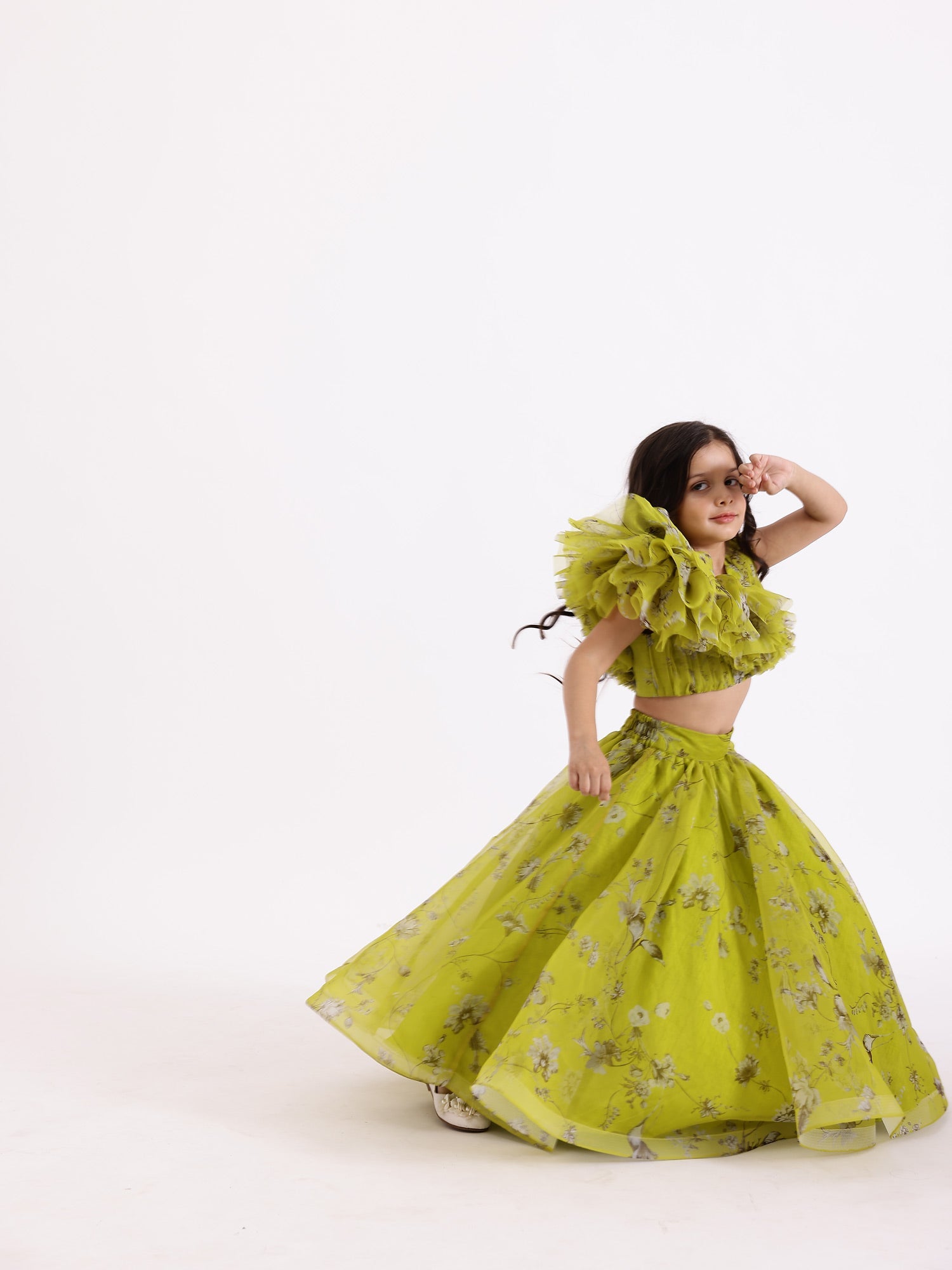 SAMPLE JANYAS CLOSET Green Printed Drape Blouse Top With Lehenga Skirt