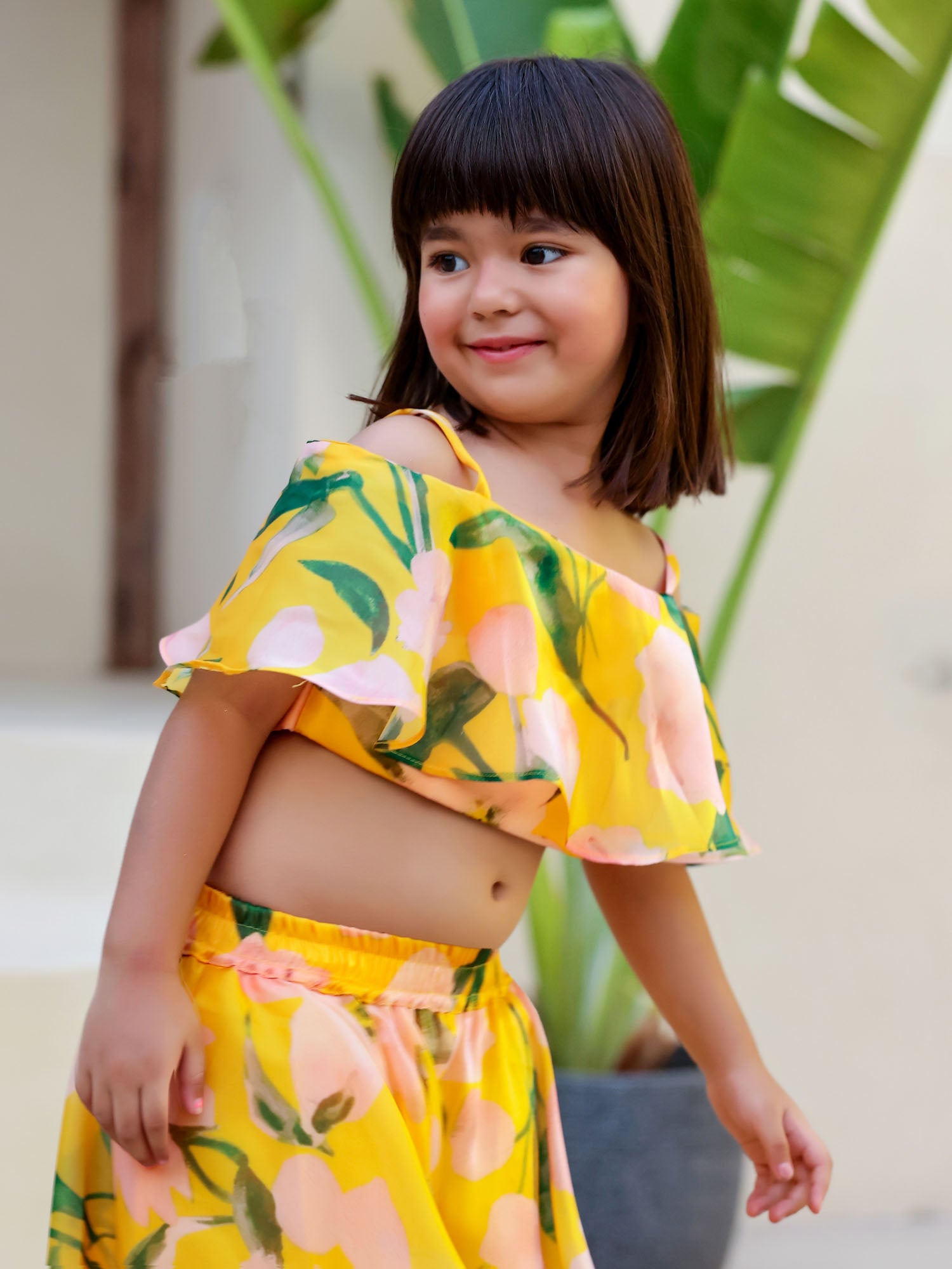 JANYAS CLOSET Yellow Floral Print Palazzo Set for Girls