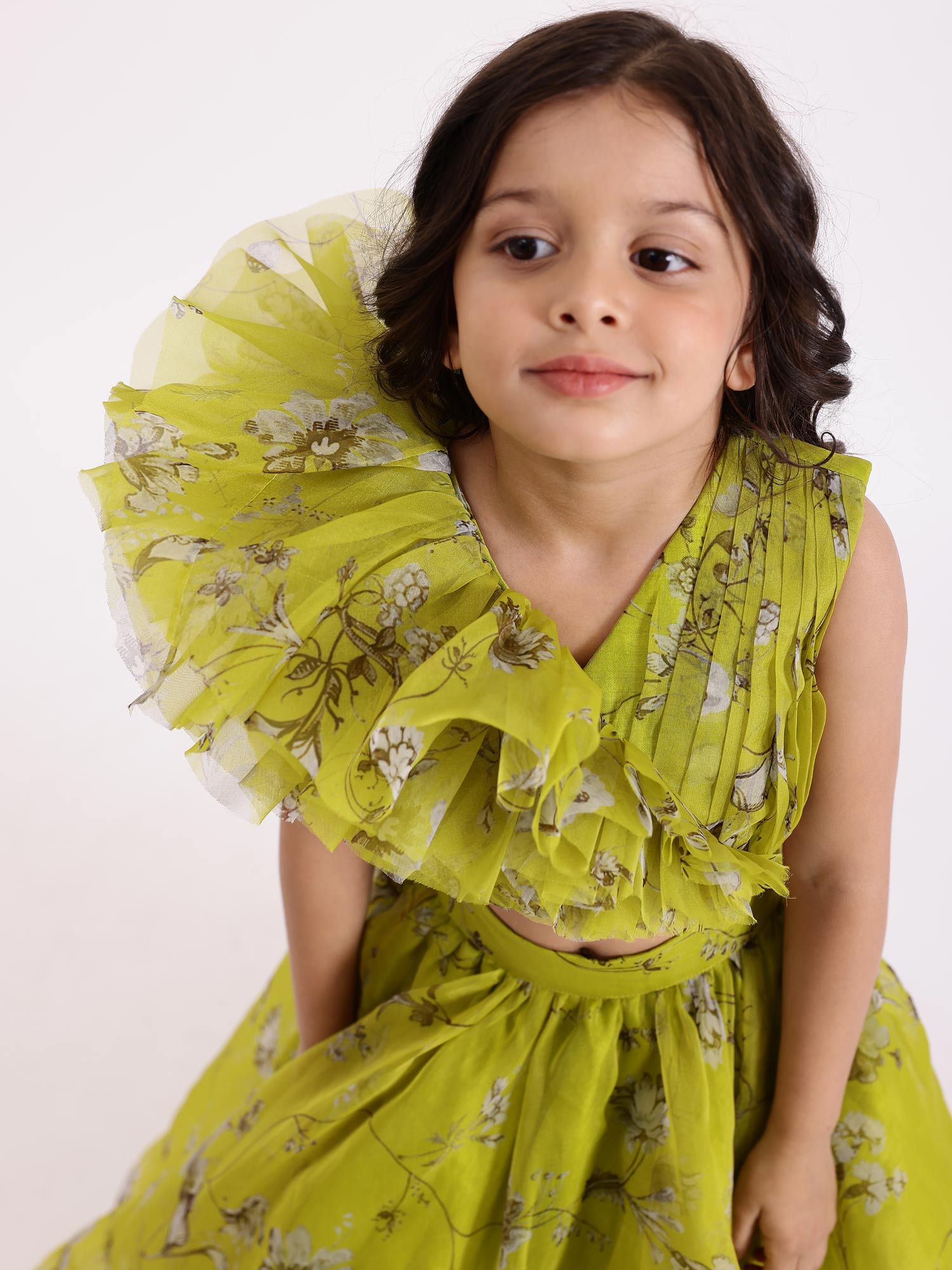 SAMPLE JANYAS CLOSET Green Printed Drape Blouse Top With Lehenga Skirt