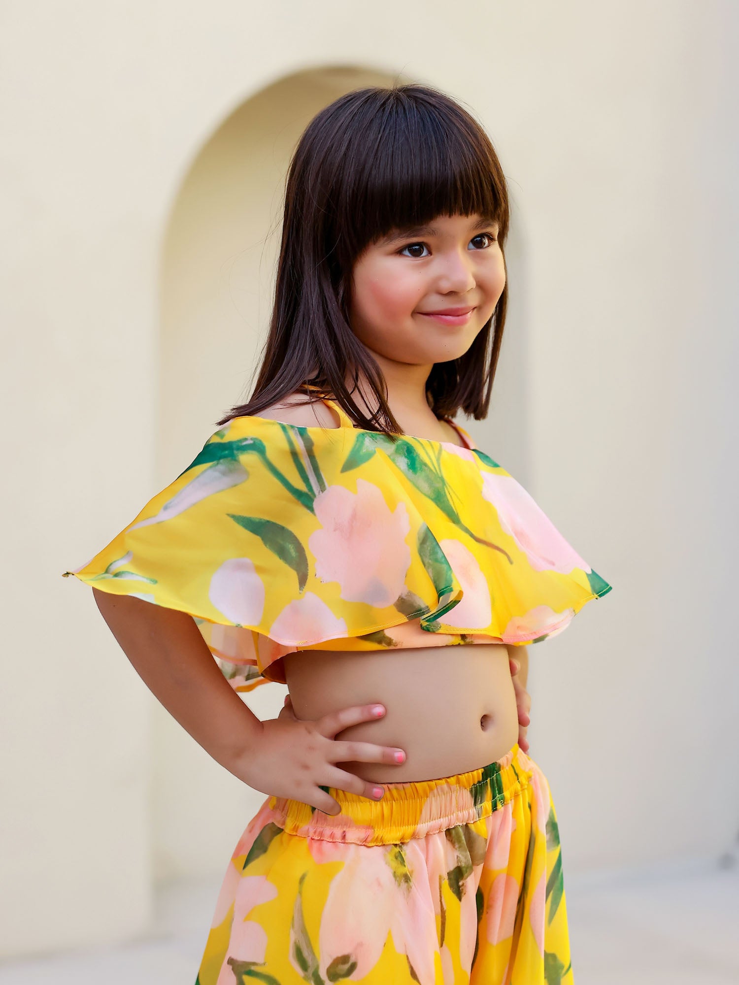 JANYAS CLOSET Yellow Floral Print Palazzo Set for Girls