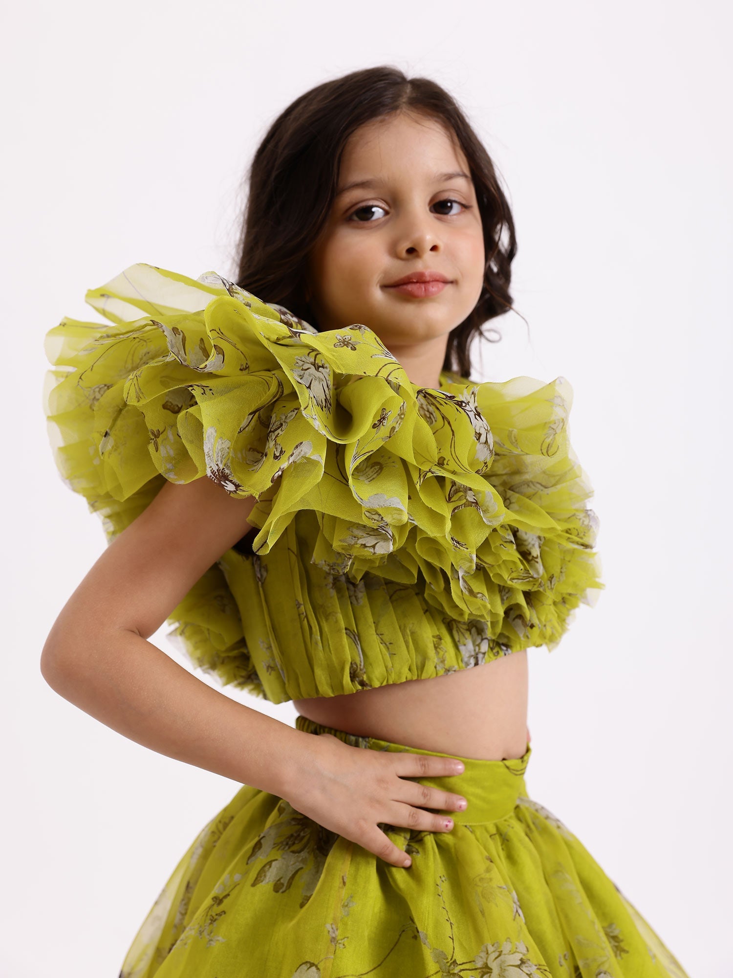 SAMPLE JANYAS CLOSET Green Printed Drape Blouse Top With Lehenga Skirt