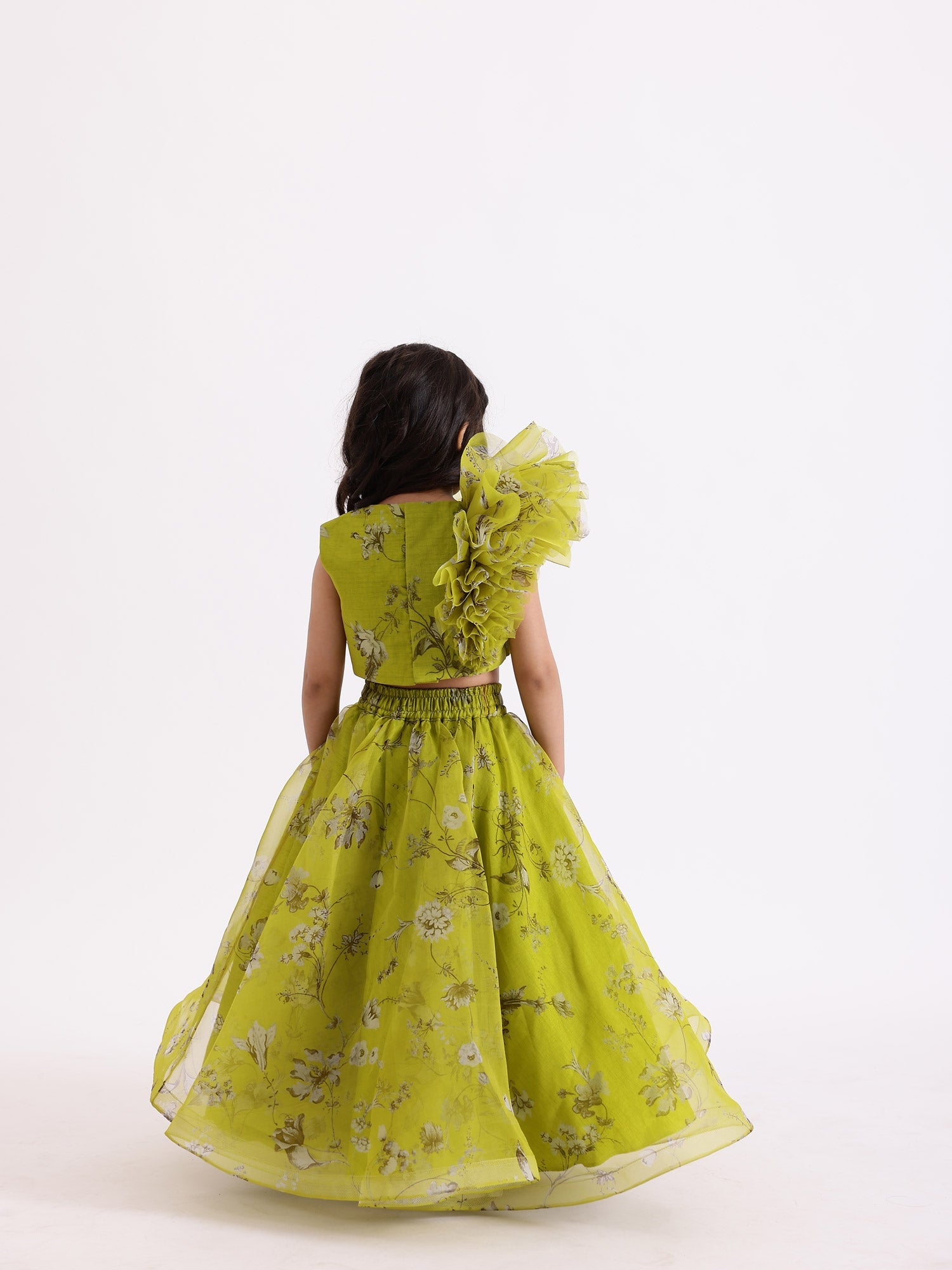SAMPLE JANYAS CLOSET Green Printed Drape Blouse Top With Lehenga Skirt