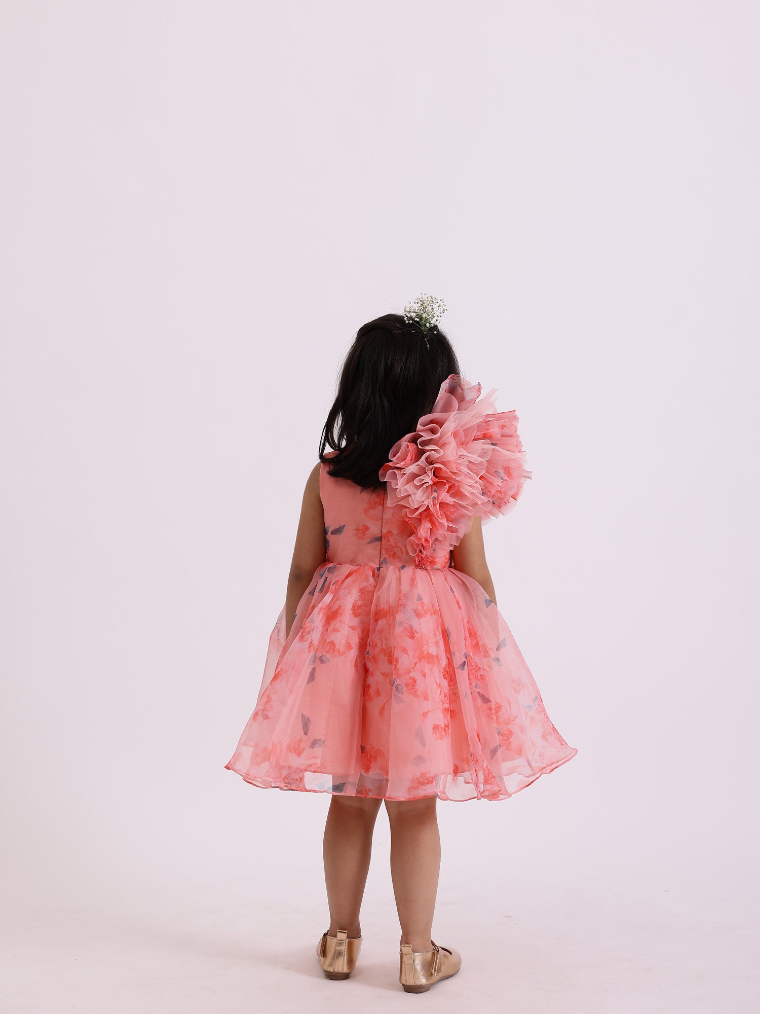 JANYAS CLOSET Peach Printed Party Drape Dress With Hair Accessory