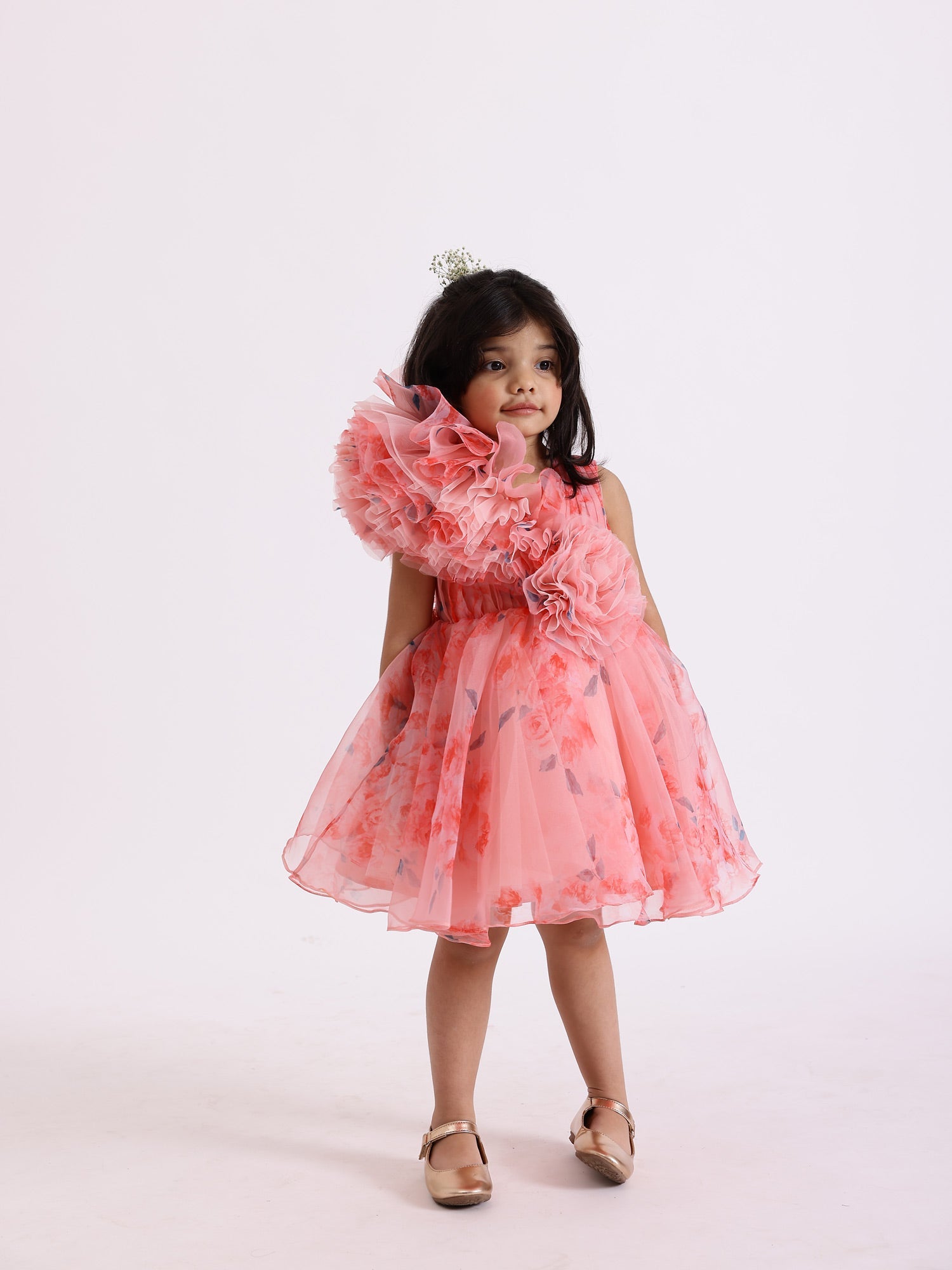 JANYAS CLOSET Peach Printed Party Drape Dress With Hair Accessory