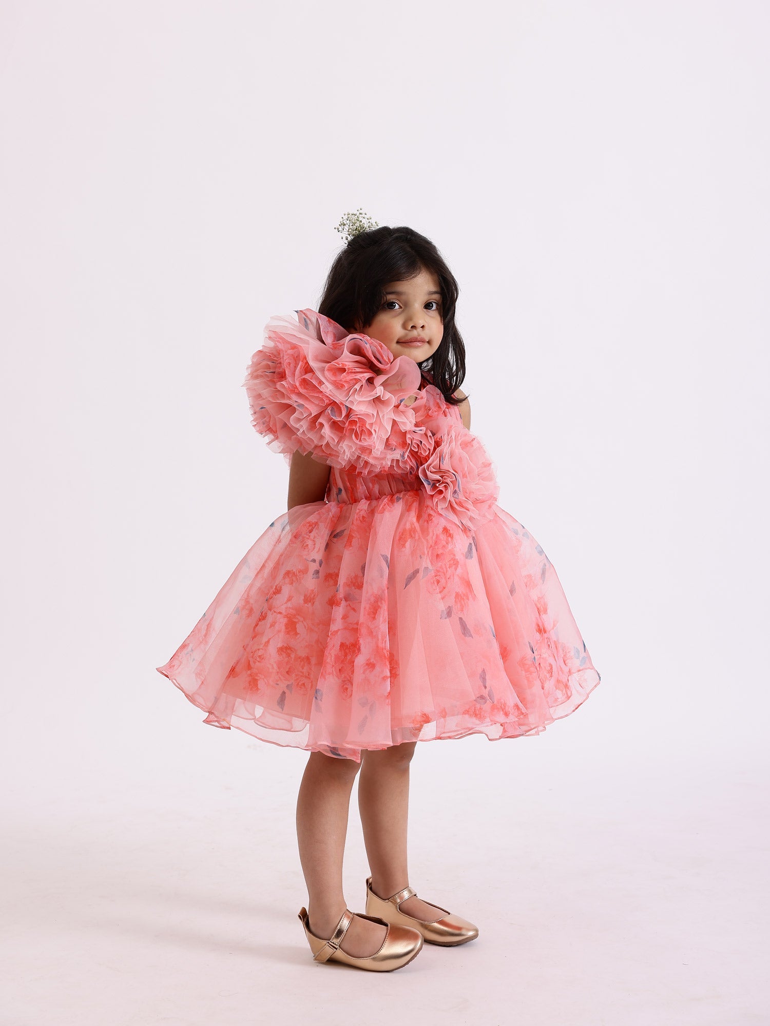 JANYAS CLOSET Peach Printed Party Drape Dress With Hair Accessory