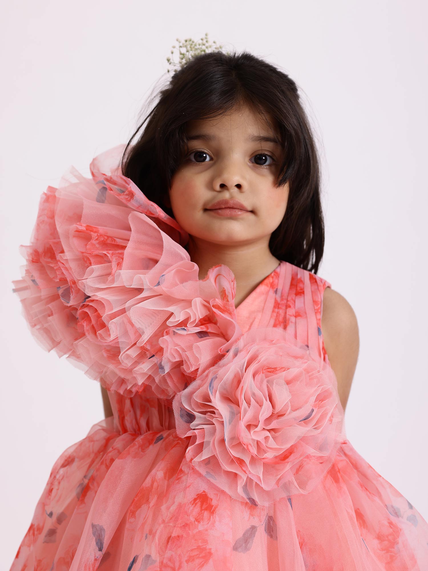 JANYAS CLOSET Peach Printed Party Drape Dress With Hair Accessory