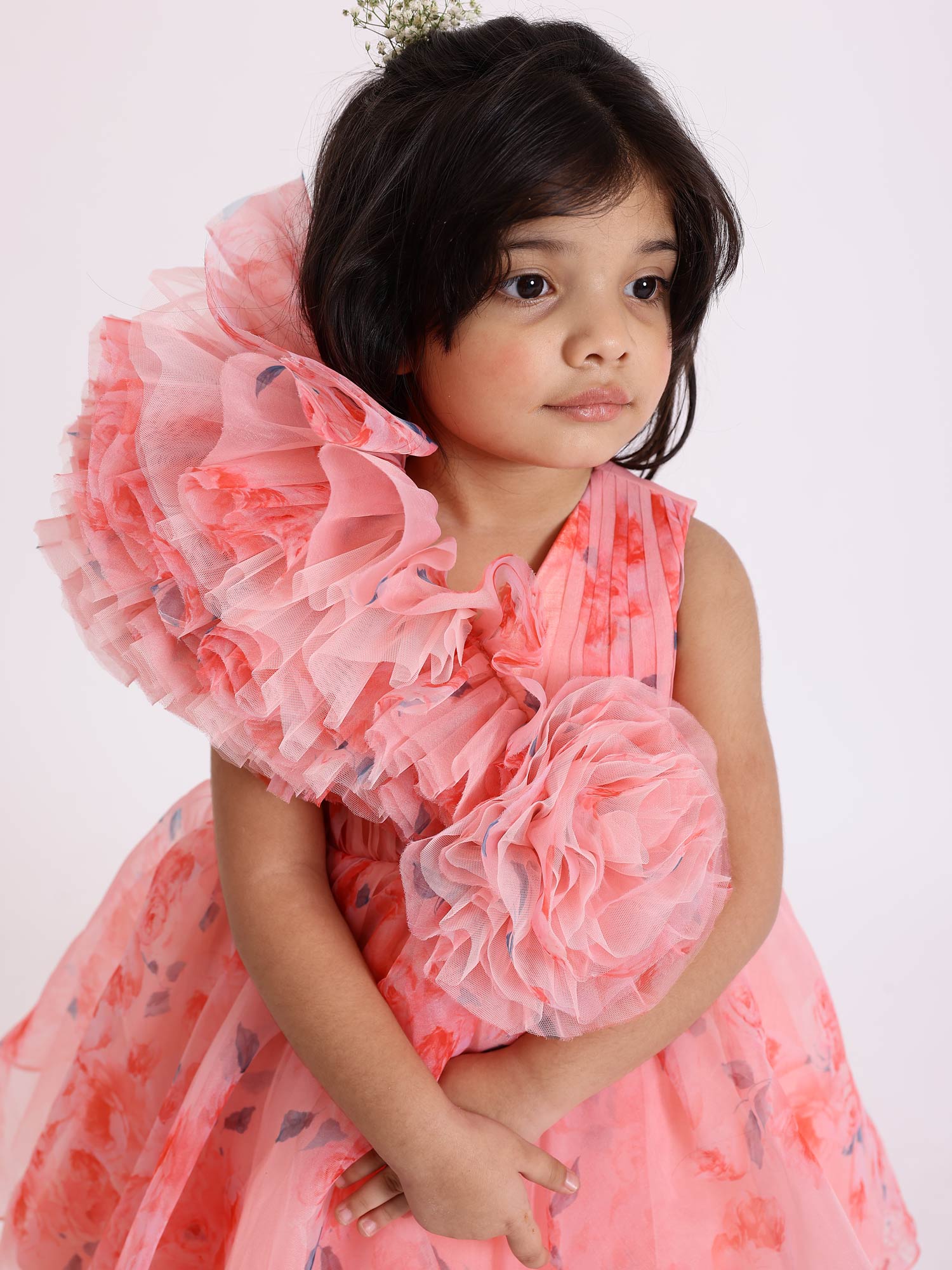 JANYAS CLOSET Peach Printed Party Drape Dress With Hair Accessory