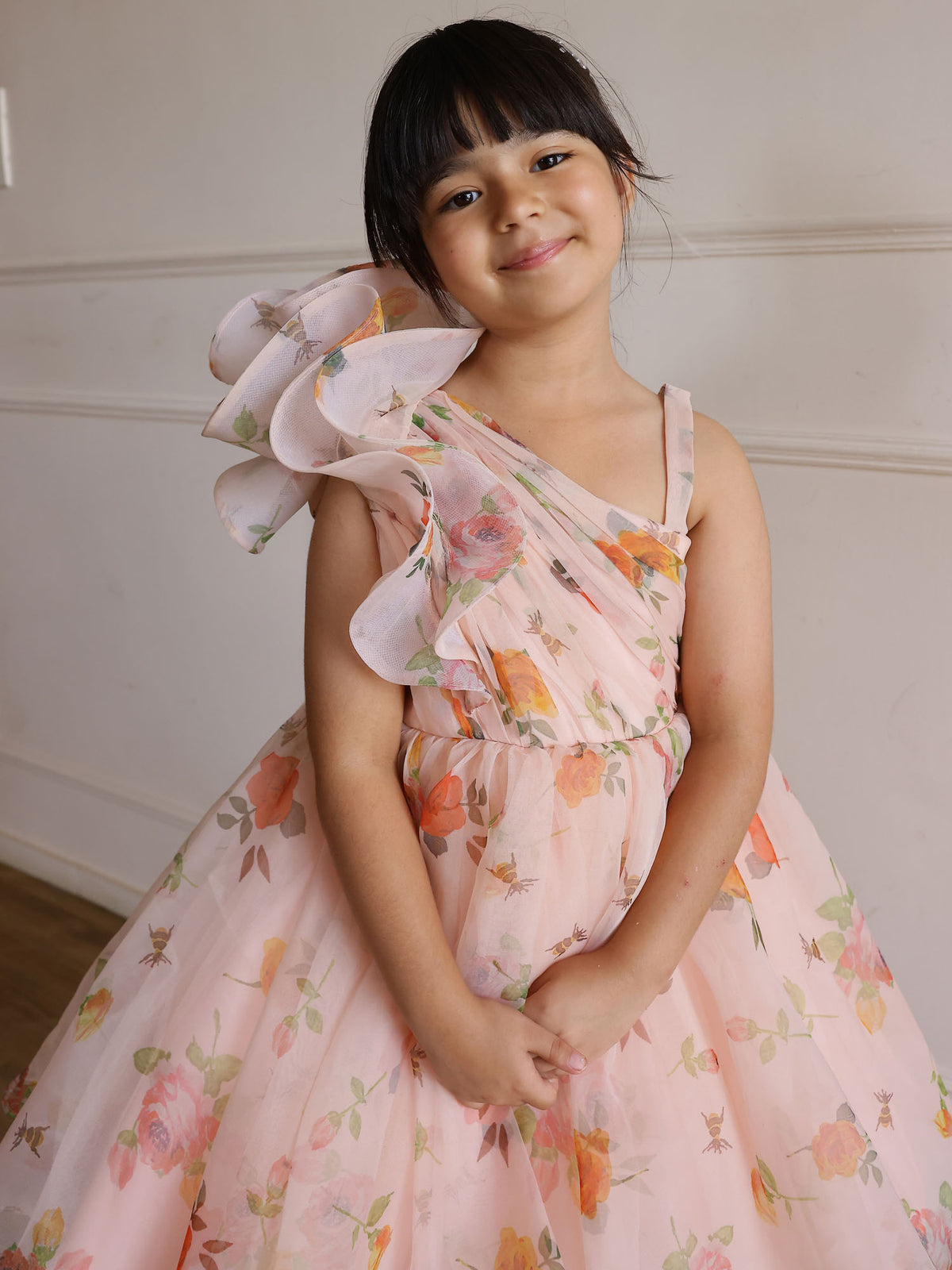 JANYAS CLOSET Peach Aria One Shoulder Kids Party Dress