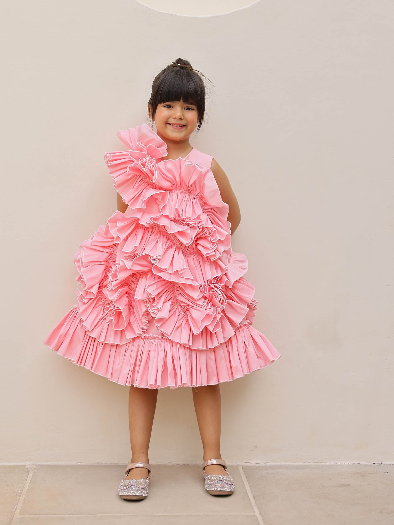 JANYAS CLOSET Taffeta Rosé Ruffle Party Dress
