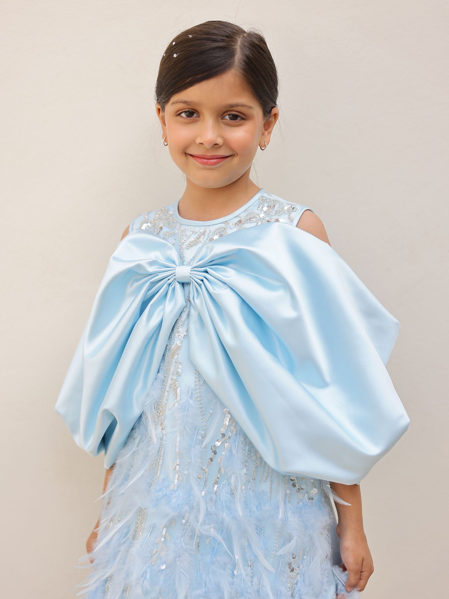 JANYAS CLOSET Elysia Blue Satin Bow Feather Dress