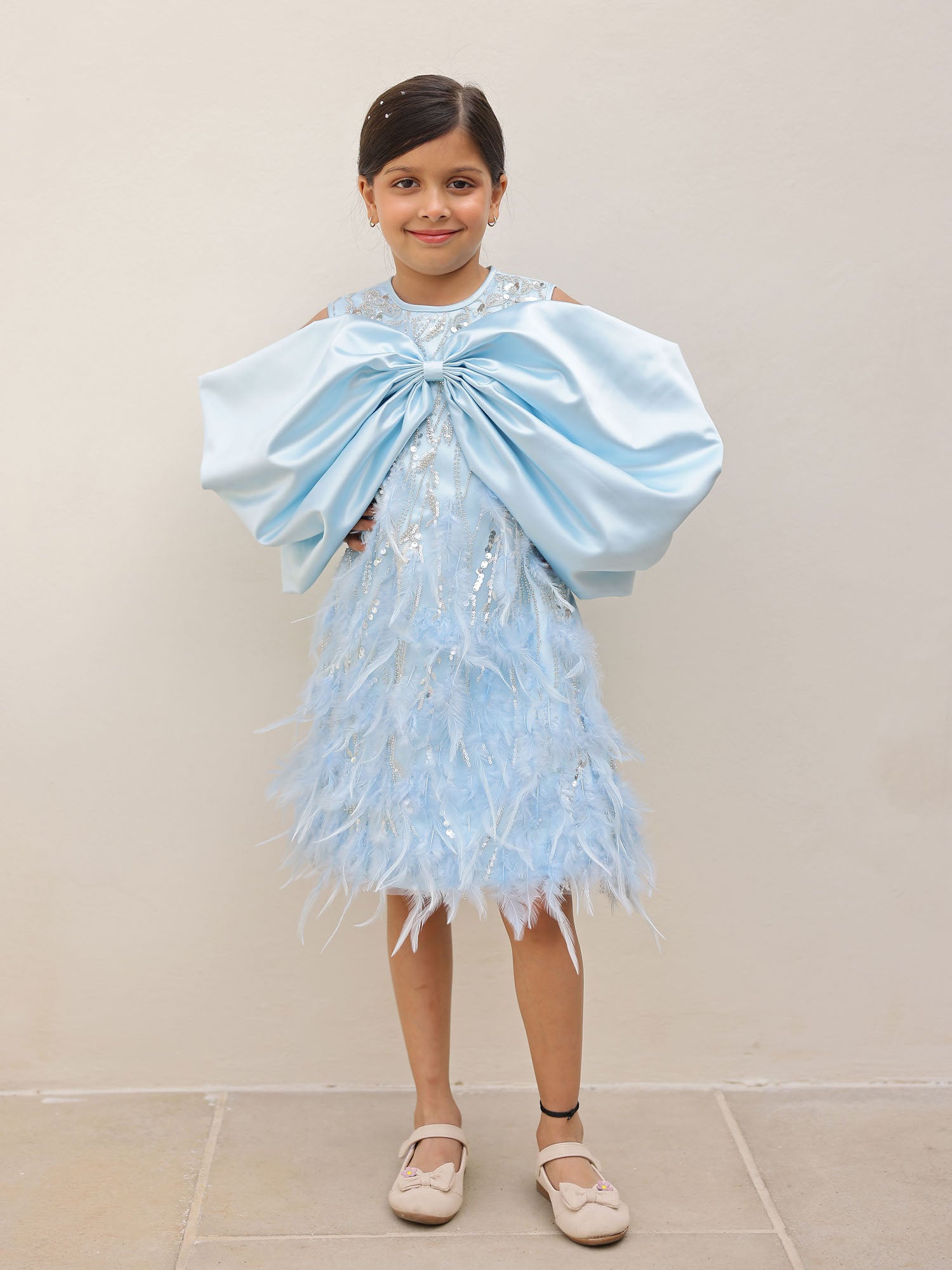 JANYAS CLOSET Elysia Blue Satin Bow Feather Dress