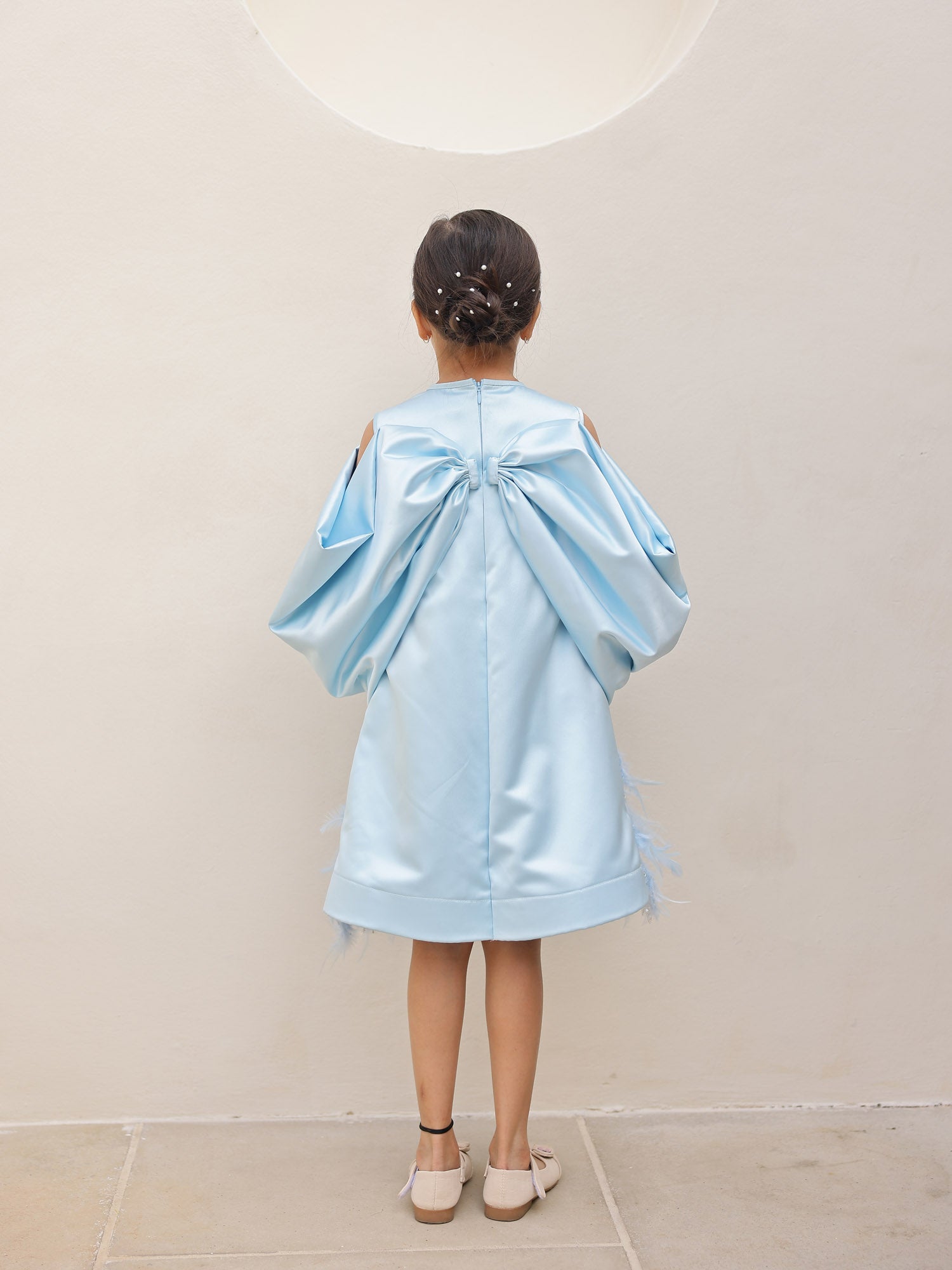 JANYAS CLOSET Elysia Blue Satin Bow Feather Dress