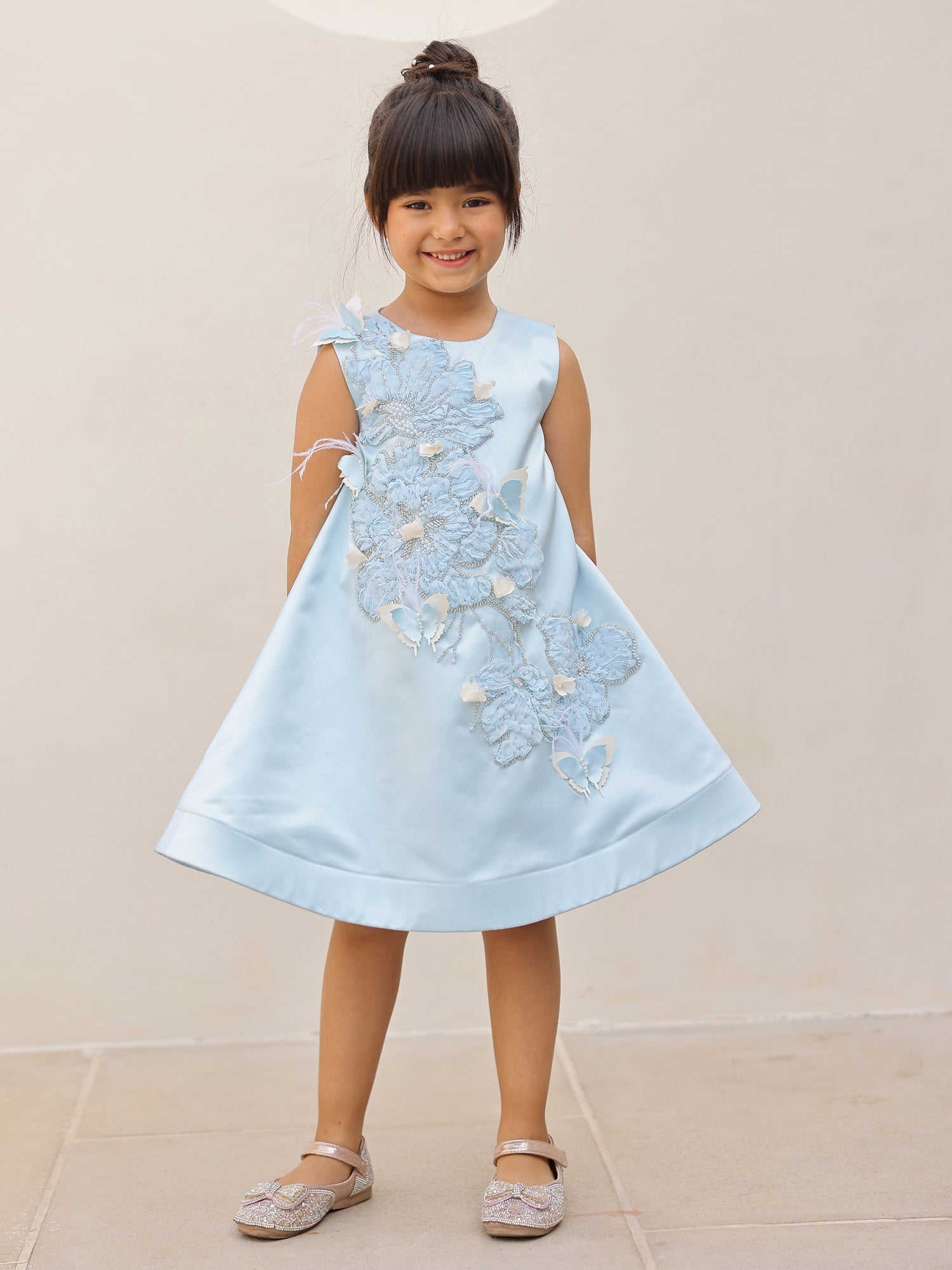 JANYAS CLOSET Ice Blue Butterfly Satin Party Dress