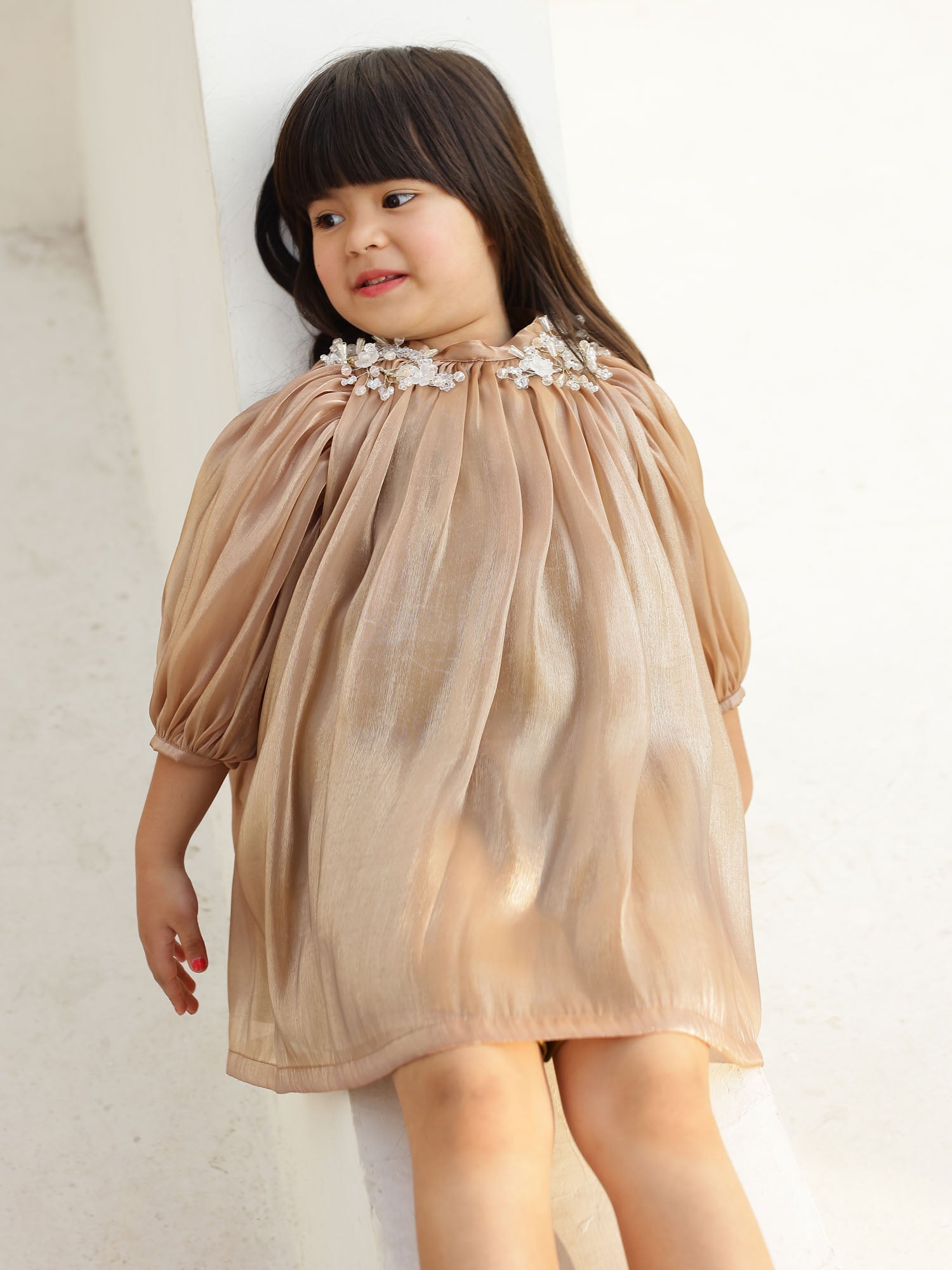 JANYAS CLOSET Metallic Gold Organza Dress with Puff Sleeves