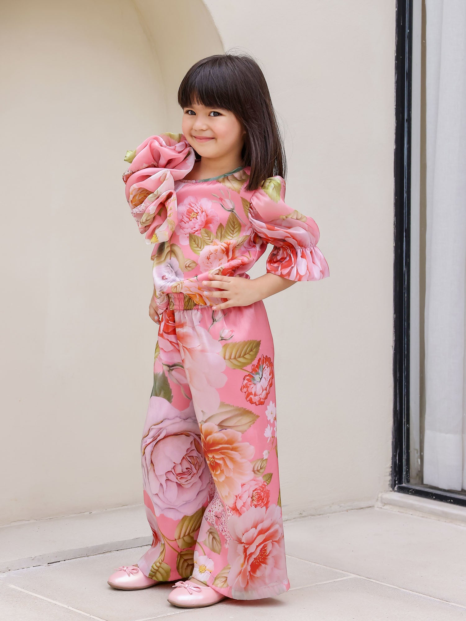JANAYAS CLOSET: Peach Flower Printed Co-Ord Set for Girls