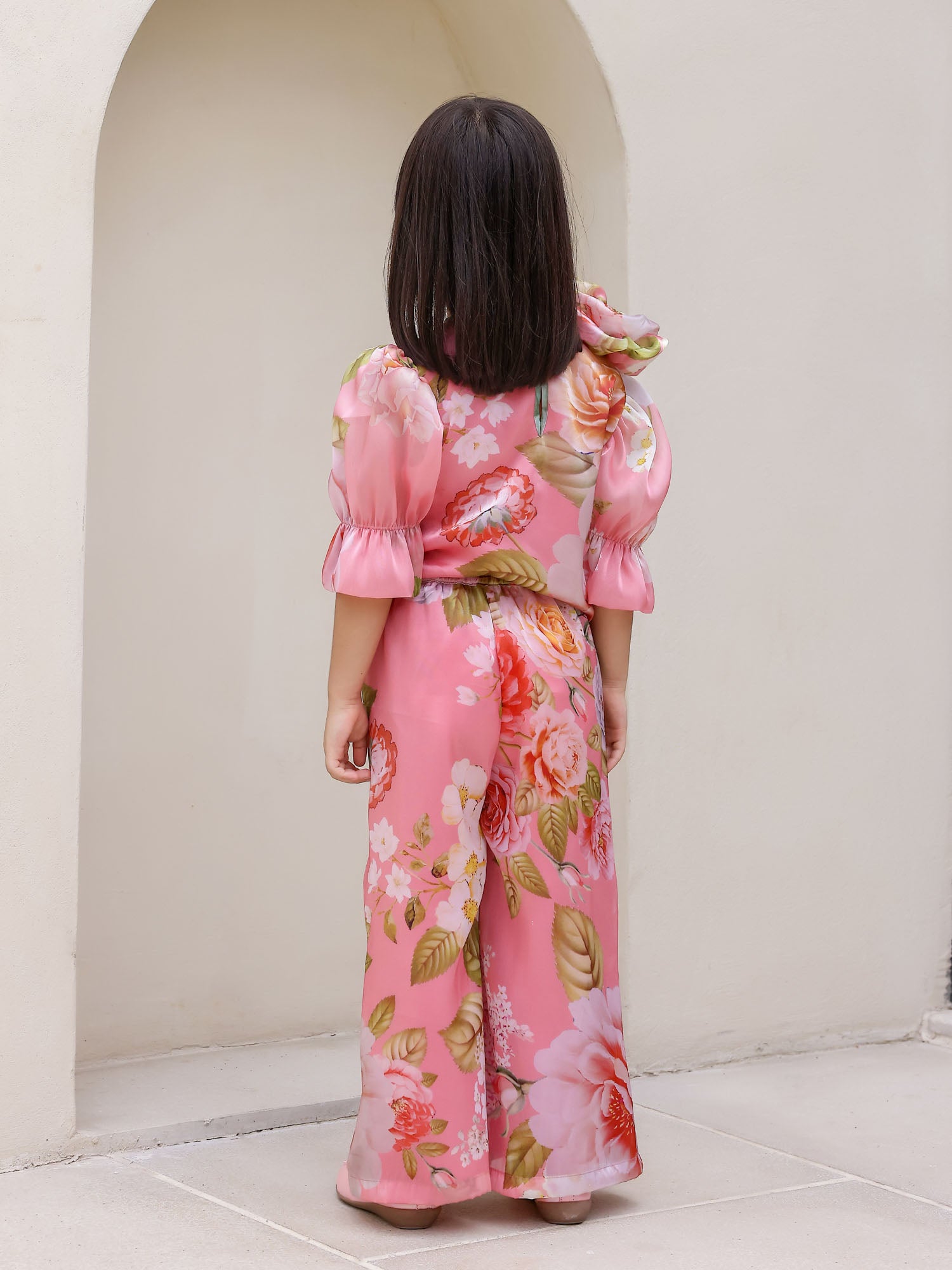 JANAYAS CLOSET: Peach Flower Printed Co-Ord Set for Girls